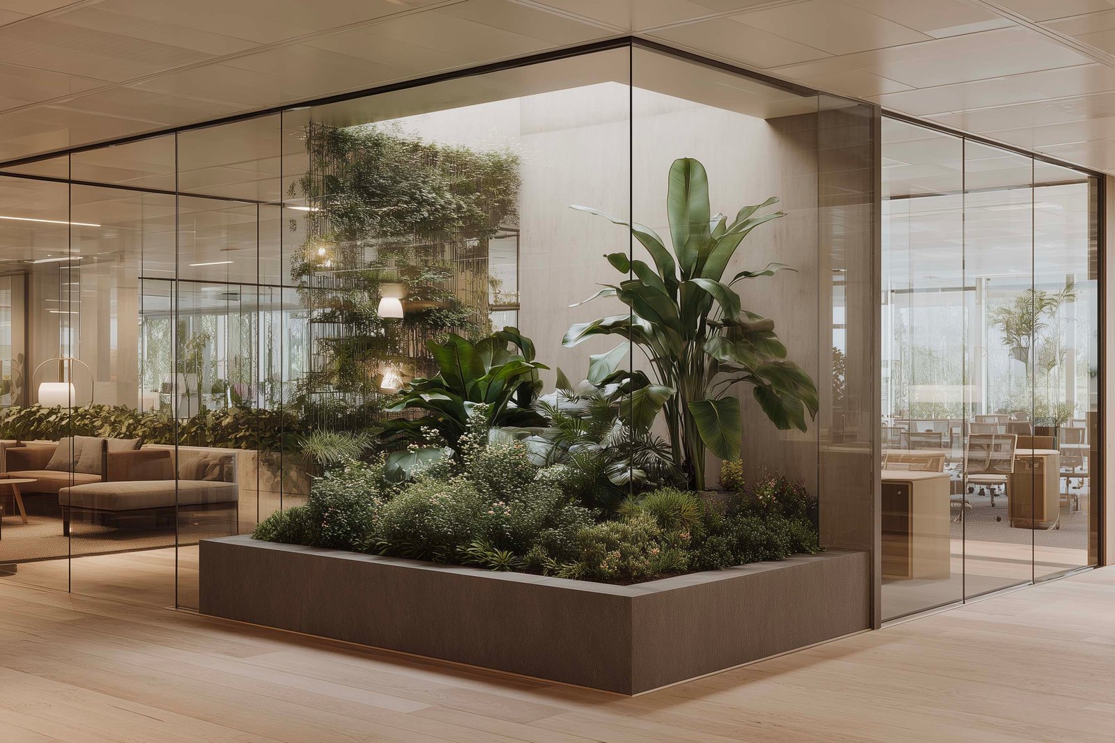 Indoor garden acting as architectural core within a modern office building