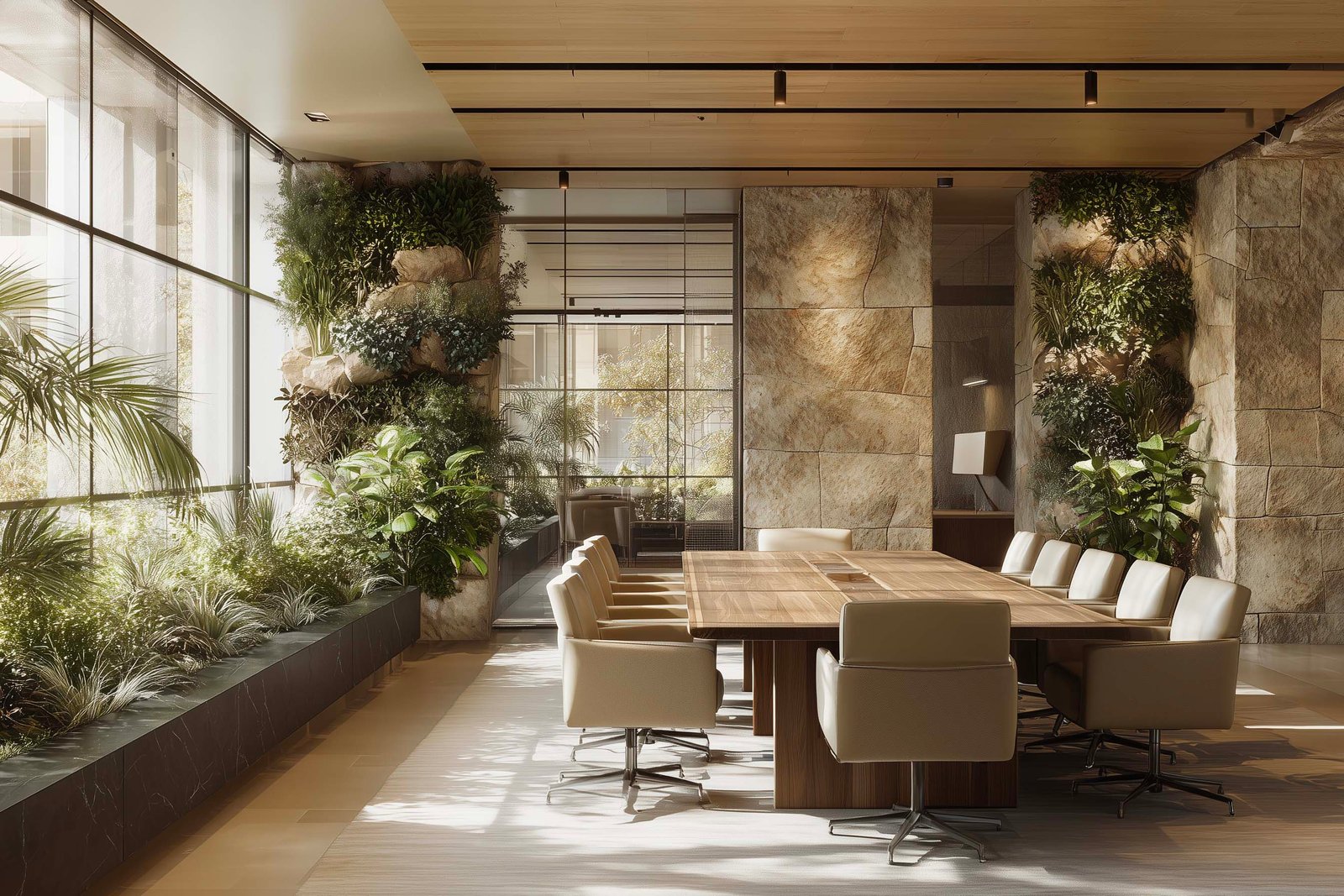 Biophilic meeting room integrating botanical architecture in a Californian corporate environment