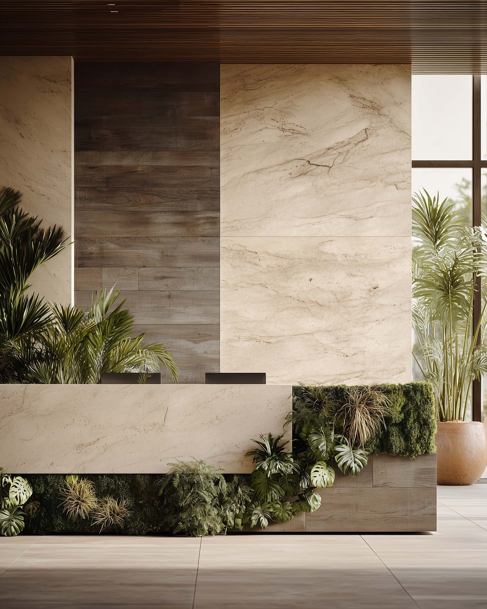 Biophilic corporate workspace with botanical architecture and natural light in a contemporary Californian office