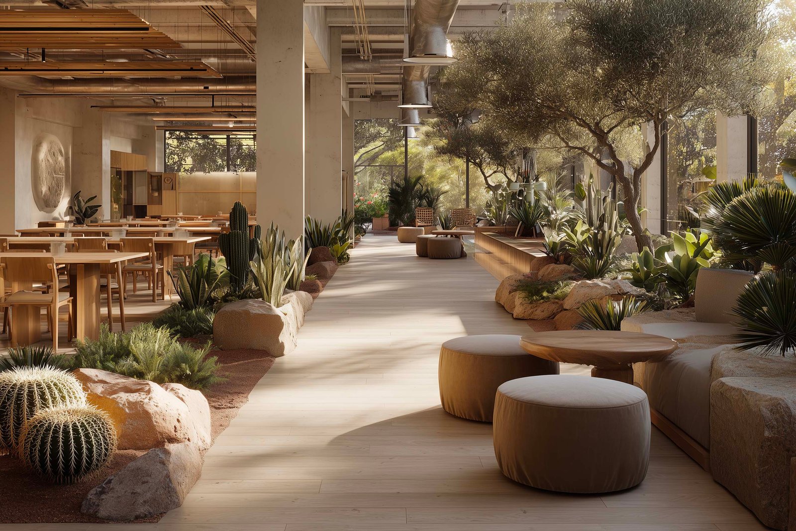 Adaptable hybrid workspace integrating botanical architecture for focus and flexibility