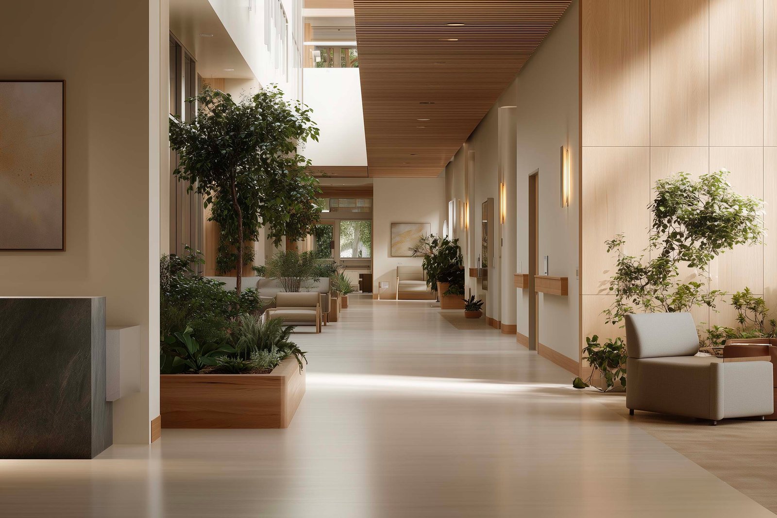 Institutional healthcare environment integrating botanical architecture to support calm and emotional balance