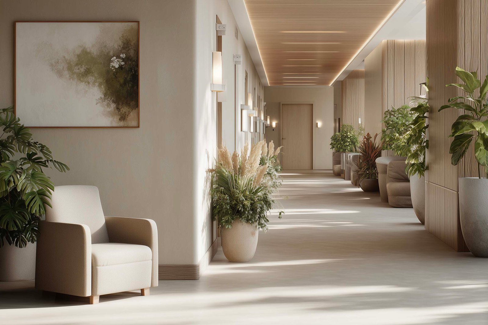 Therapeutic institutional lobby using plants for sensory regulation and spatial orientation