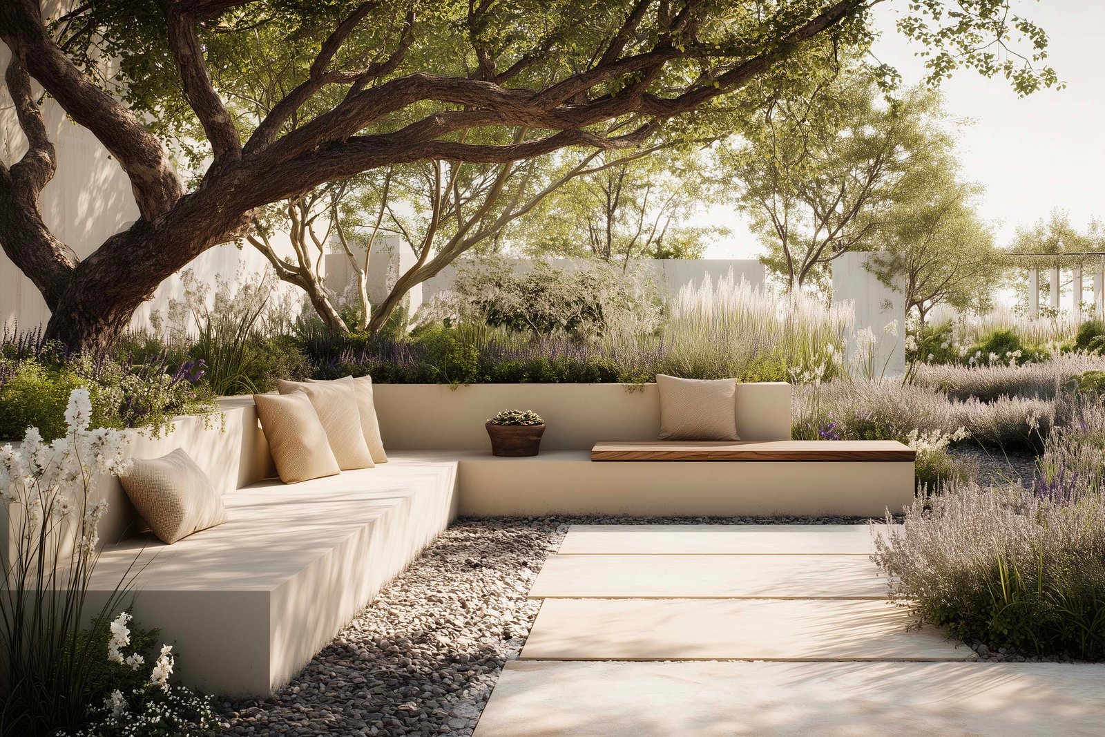 Outdoor sensory garden in a healthcare environment designed for calm and emotional balance