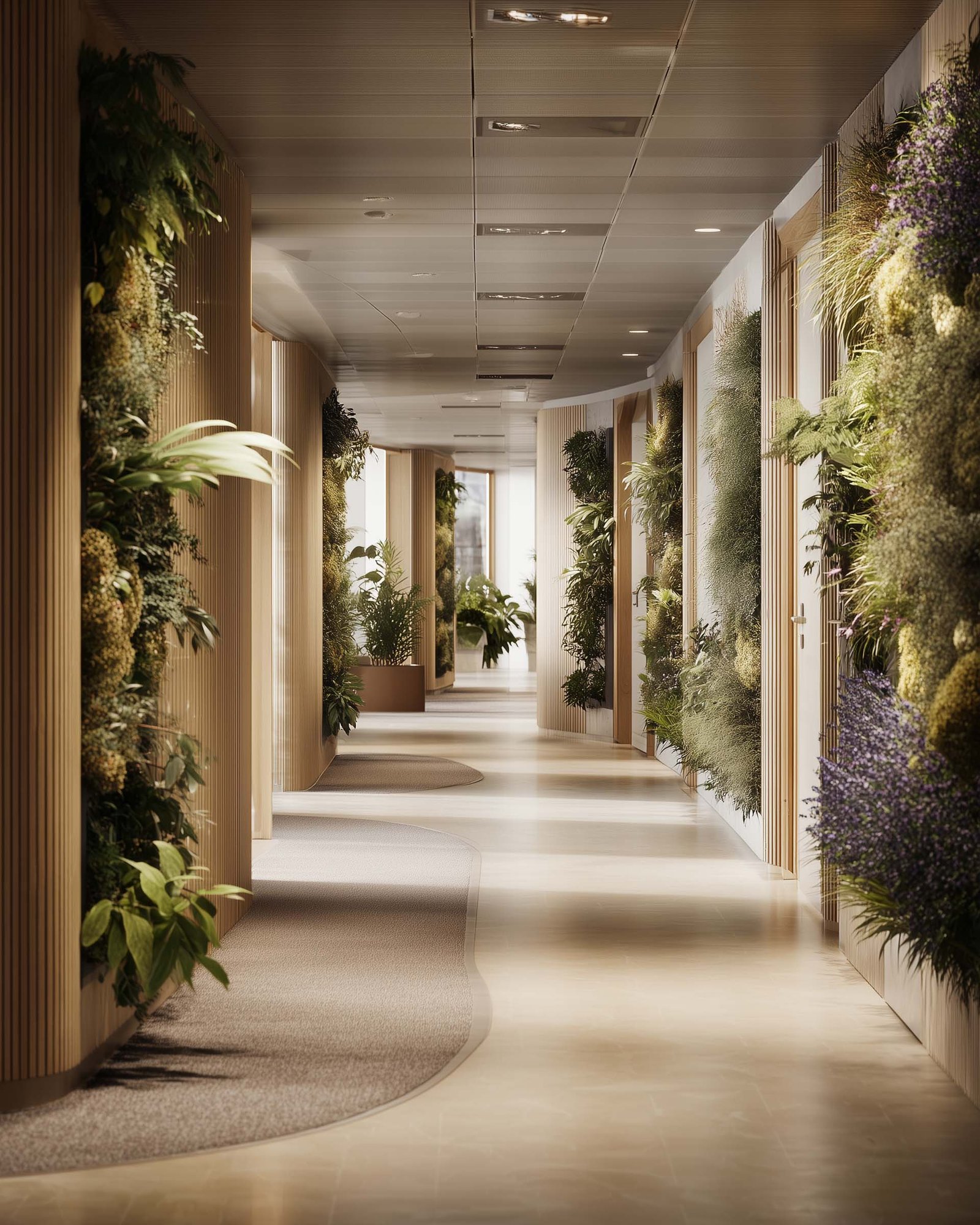 Contemporary biophilic office space designed to restore focus and well-being after remote work, with indoor–outdoor transitions and natural materials