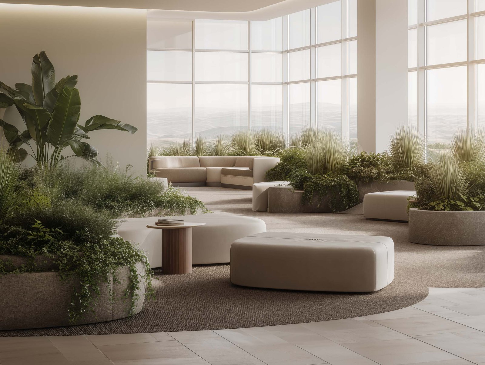 Biophilic corporate workspace integrating botanical architecture, natural light and calm spatial composition in a contemporary Californian office