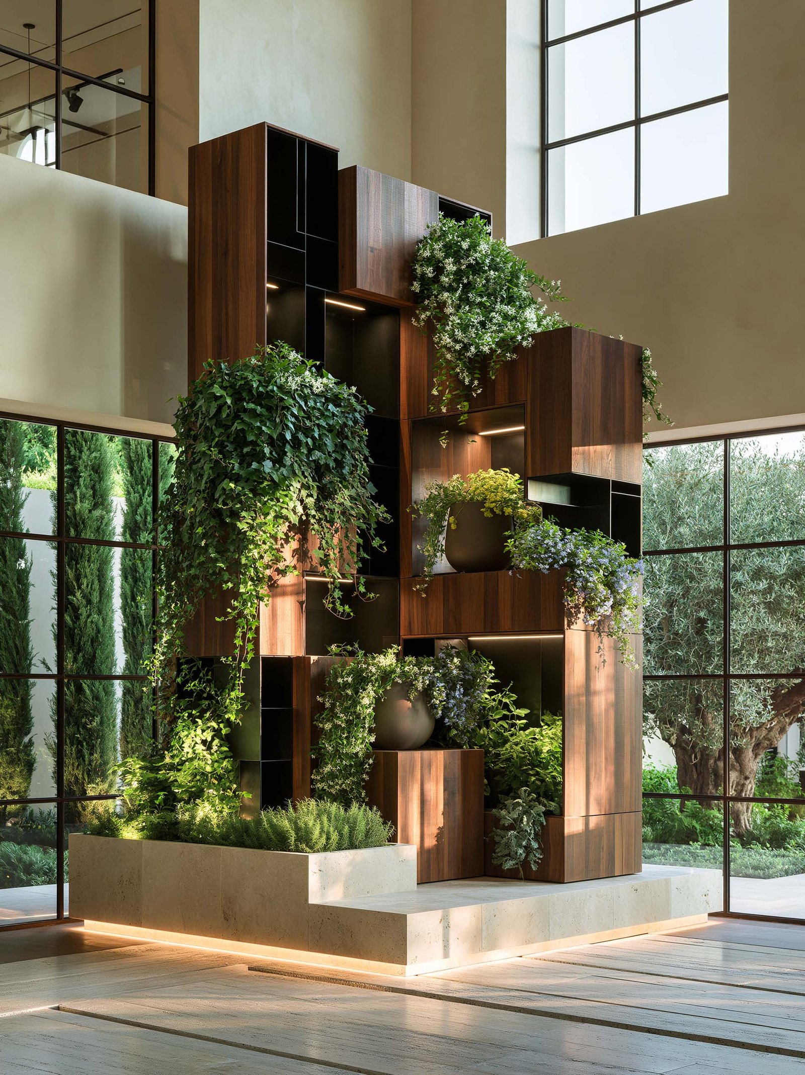 Studio d’architecture botanique entre Côte d’Azur et Monaco — cloison Hortus Velum Strata en noyer fumé et Acciaio Brunito