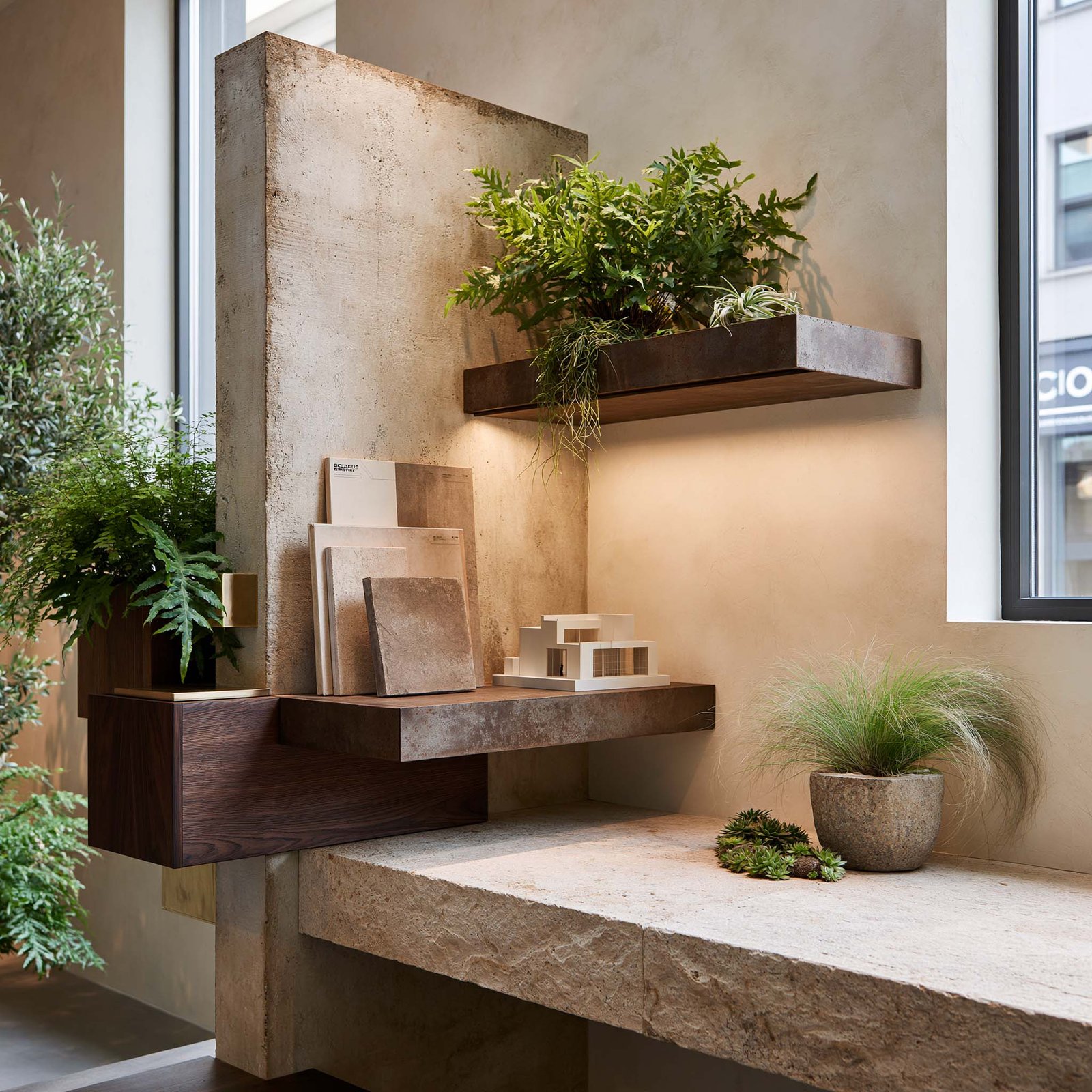L’atelier du studio — plan de travail en Pietra Serena et étagères Acciaio Brunito à LED 2700K rasante, échantillons de matières nobles et maquette, plantes différenciées en pots — Asplenium scolopendrium, Rhipsalis et Stipa tenuissima — là où se relient le végétal et l’architecture — Paracelsus Gardens™