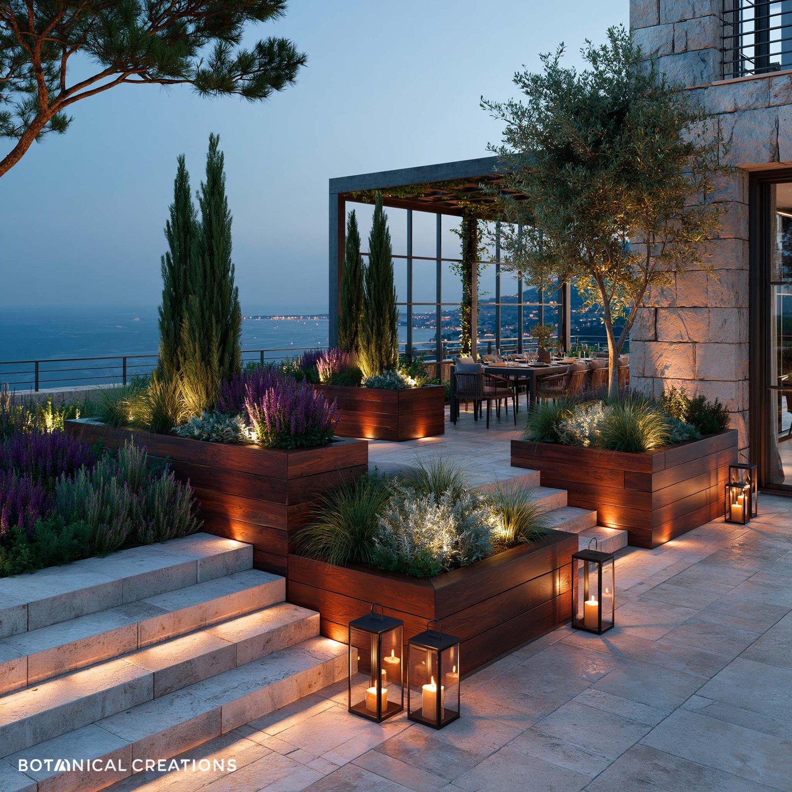 Roquebrune-Cap-Martin — terrasse d’une villa au crépuscule sur la Mer Méditerranée, pergola SylvaVeil™ en acier, jardinières actives Lignum™ Block en noyer fumé et restanques en pierre claire accueillant des espèces différenciées — Cupressus sempervirens, Lavandula angustifolia, Salvia leucantha, Stipa tenuissima, Helichrysum italicum et Phillyrea latifolia — un seul Olea europaea en accent, table dressée et éclairage tamisé — Paracelsus Gardens™