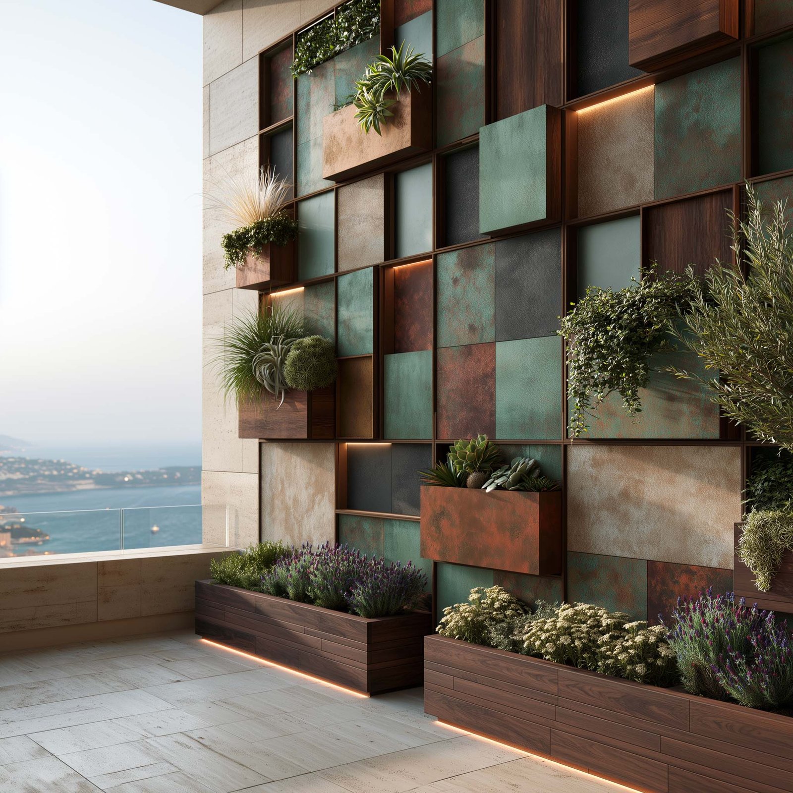 Monaco — terrasse d’un penthouse ouverte sur la Mer Méditerranée, Hortus Velum™ Strata en habillage de couches multi-matières nobles sur ossature Acciaio Brunito, panneaux en travertin, micro-béton, verre dépoli, métal coloré et laiton avec cellules ouvertes, caissons végétaux différenciés en accents (Stipa tenuissima, Rhipsalis, Sempervivum, Trachelospermum jasminoides encadré), jardinières Lignum™ Block en noyer fumé d’aromatiques à LED 2700K rasante — atmosphères et matières, jamais un mur végétal — Paracelsus Gardens™
