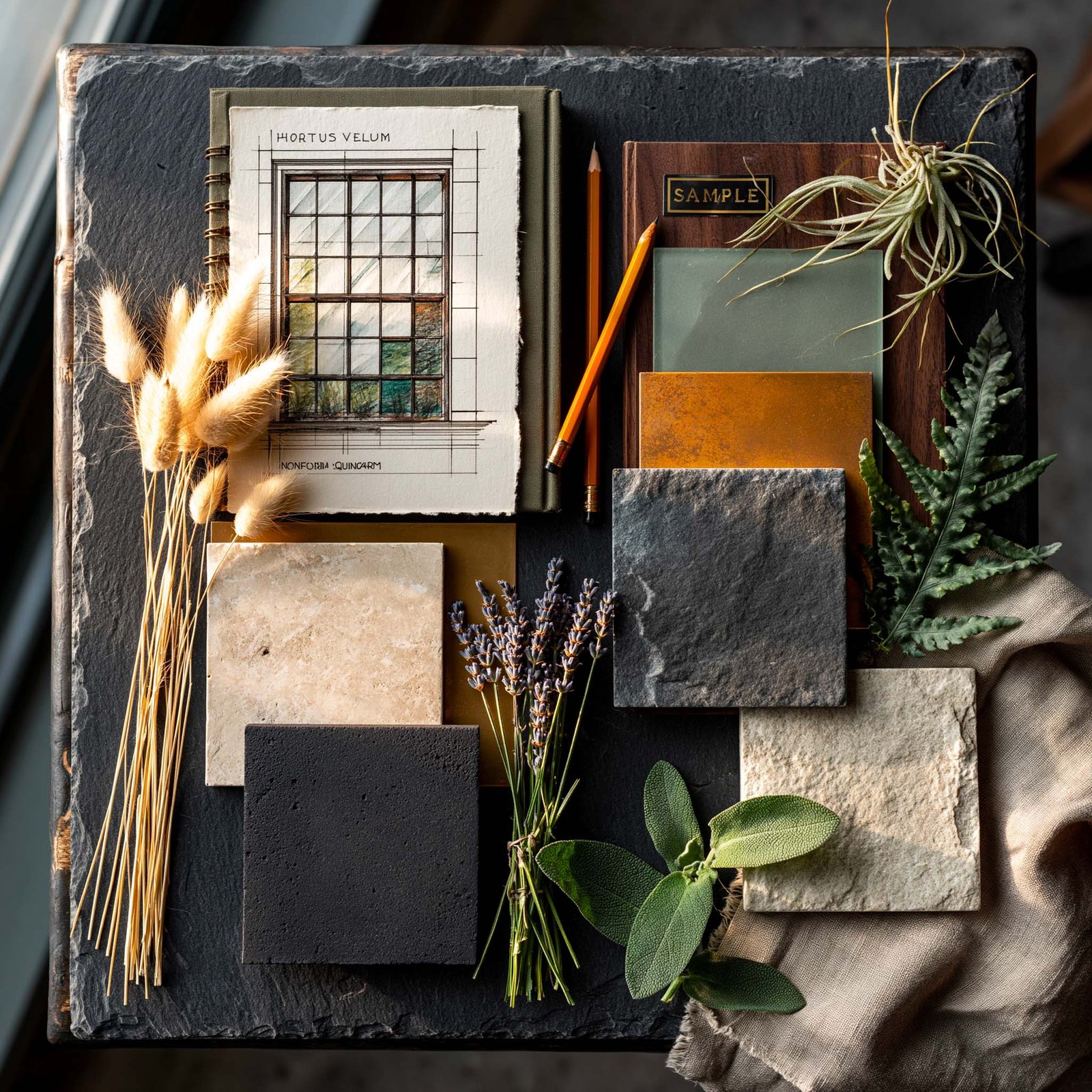 Matériothèque du studio — composition à plat dense de la palette Milano Edition Charter resserrée aux matières minérales et architecturales : Pietra Serena, travertin, basalte, micro-béton anthracite, Acciaio Brunito affirmé en deux plaques patinées, métal coloré vert sauge et ocre, verre dépoli et clair, verre de Murano à incalmo bleu nuit et ocre, laiton patiné, un bois clair et un accent de noyer fumé, croquis dessinés à la main d’une grille Hortus Velum™ en quinconce et de petites illustrations botaniques (Stipa tenuissima, Asplenium scolopendrium, Rhipsalis, Lavandula angustifolia), un sprig minimal de Rosmarinus officinalis posé en accent — le langage des matières et de l’espace — Paracelsus Gardens™
