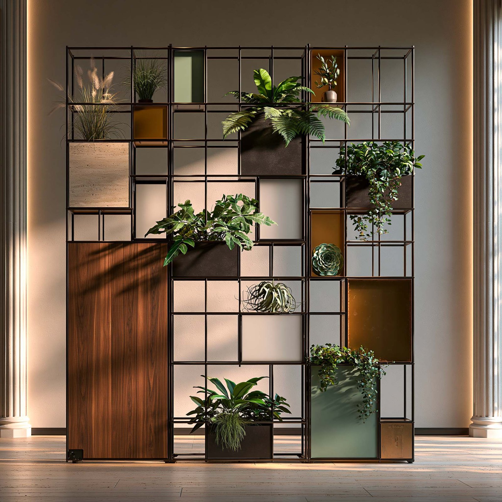Galerie intérieure d’une villa contemporaine, Hortus Velum™ Porta freestanding en ossature Acciaio Brunito à composition de quinconce non uniforme aérée, panneaux nobles variés en Pietra Serena, travertin, micro-béton, verre dépoli, métal coloré et laiton avec de nombreuses cellules ouvertes, caissons végétaux différenciés en accents (Stipa tenuissima, Asplenium scolopendrium, Rhipsalis, Sempervivum, Hedera helix encadré) — le végétal structurant l’espace sans jamais former un mur végétal — Paracelsus Gardens™