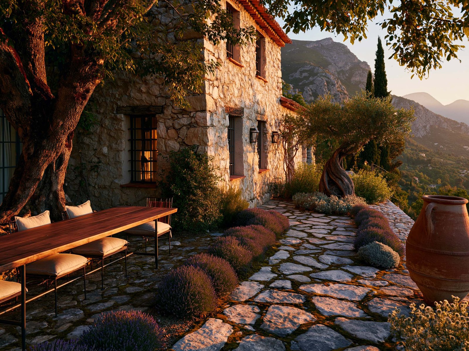 Contexte arrière-pays niçois — bâti rural restauré, terrasse pierre et présence végétale méditerranéenne