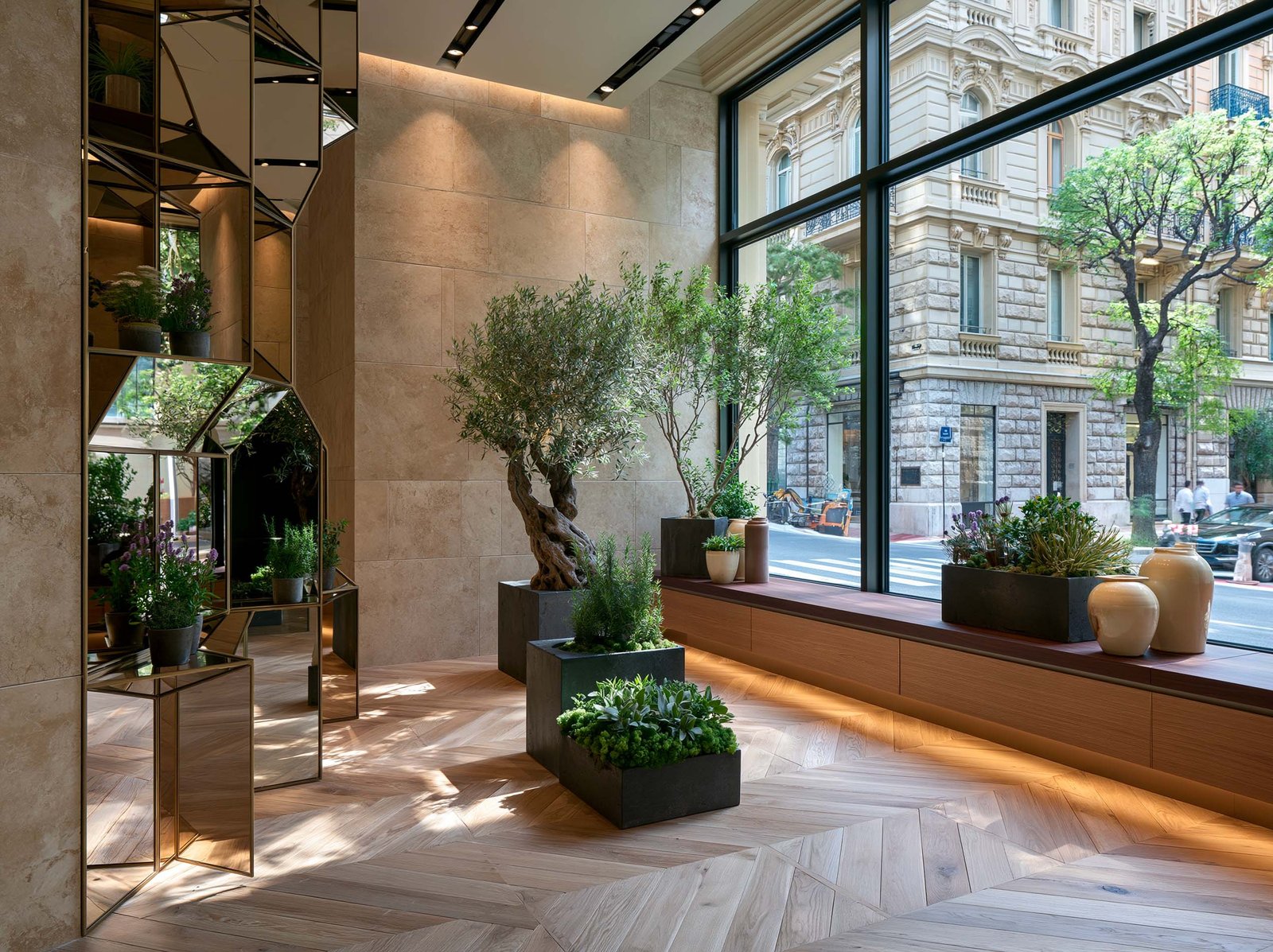 Contexte Monaco urbain — densité minérale Belle-Époque, lobby de pied d'immeuble en travertin et présence végétale