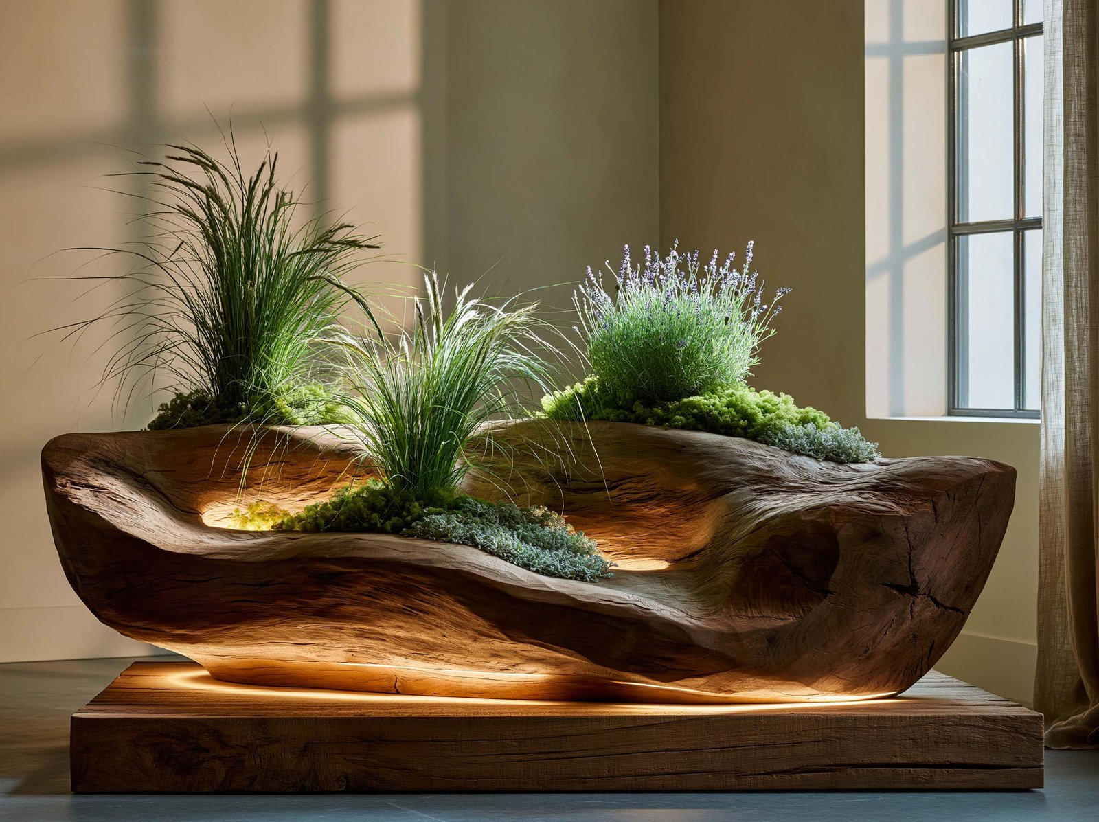 Étude Lignum — finition sculpturale en noyer fumé avec strates botaniques intégrées