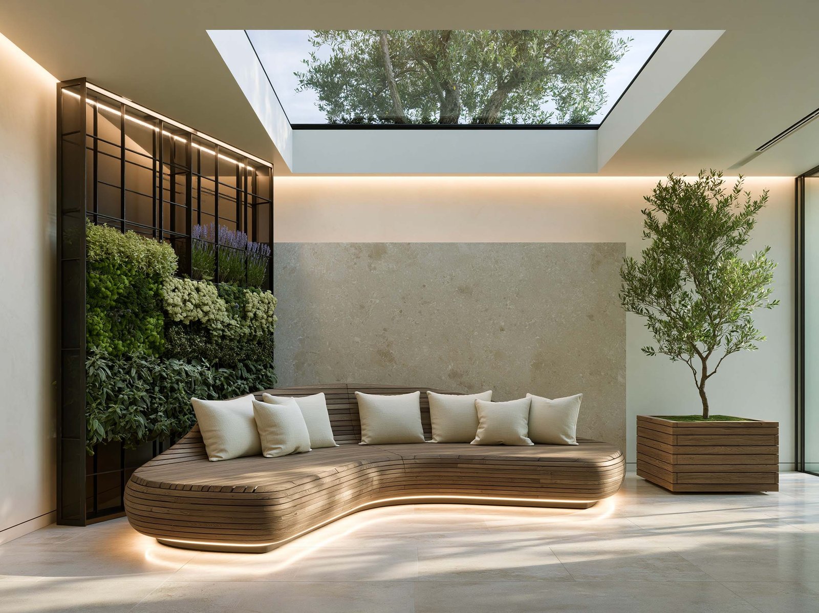 Atrium corporate à Monaco — puits de lumière zénithal et composition végétale apaisée