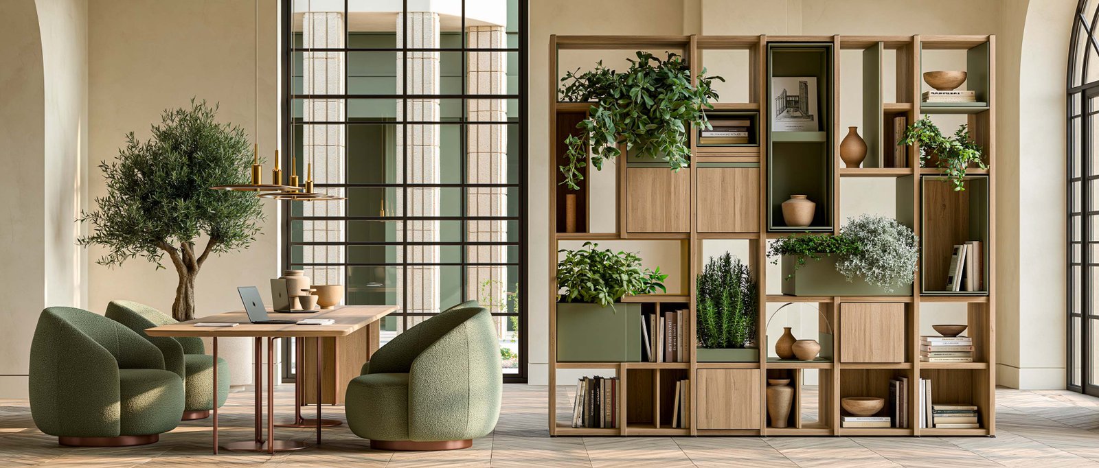 Espace de travail collaboratif sur la Côte d’Azur — cloison-bibliothèque Hortus Velum en chêne thermotraîté intégrant une grammaire végétale méditerranéenne disciplinée