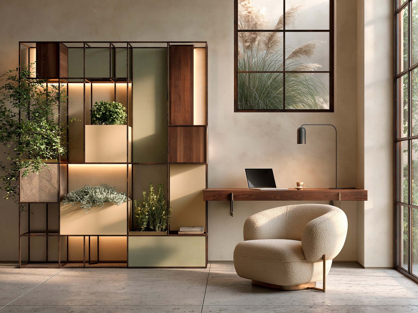 Bureau modulaire à Monaco — cloison Hortus Velum Strata, console en chêne thermotraîté