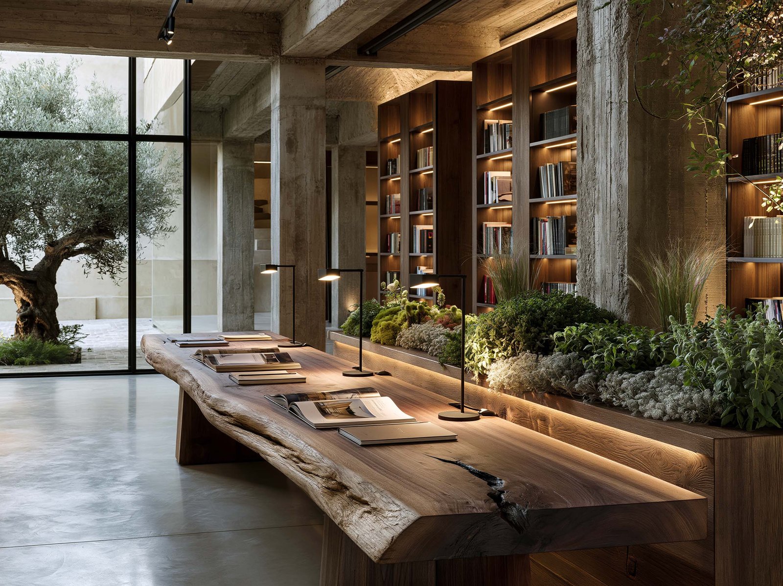 Campus éducatif sur la Côte d’Azur — bibliothèque en béton brut, table en noyer fumé et jardinière intégrée
