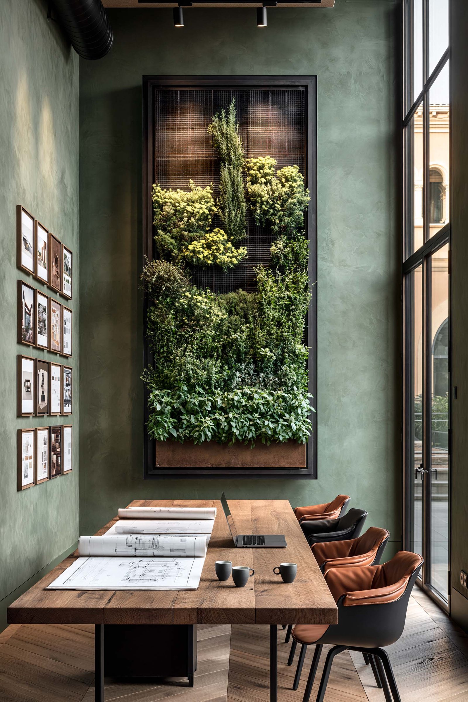 Collaborations et partenariats de conception — salle projet sur la Côte d’Azur, mur végétal vertical et table de travail