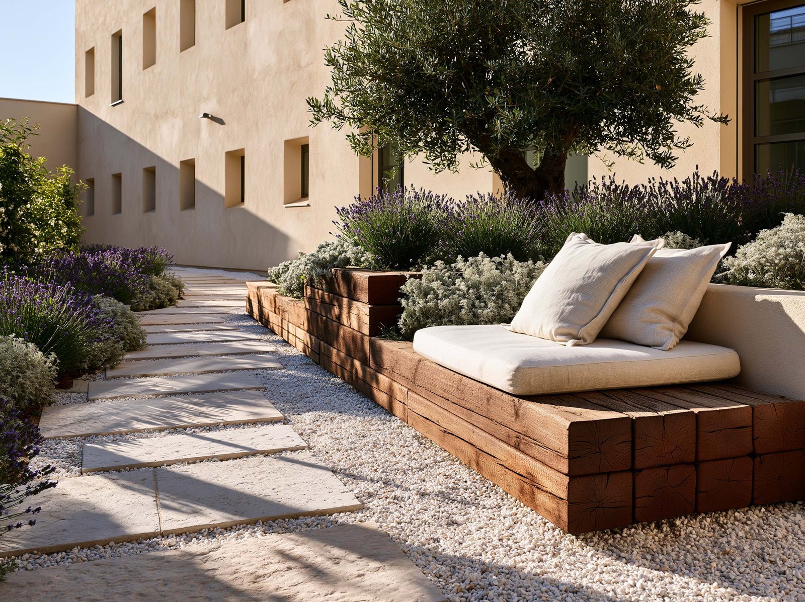 Jardin sensoriel d’un établissement institutionnel sur la Côte d’Azur — composition disciplinée d’Olea, Lavandula et Helichrysum sur cheminement pierre claire
