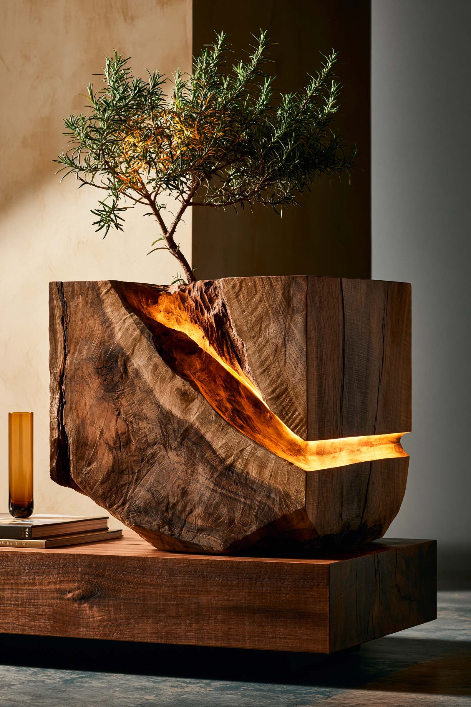Plant Signatures — étude sculpturale Lignum Block en noyer fumé, Rosmarinus officinalis émergeant de la masse