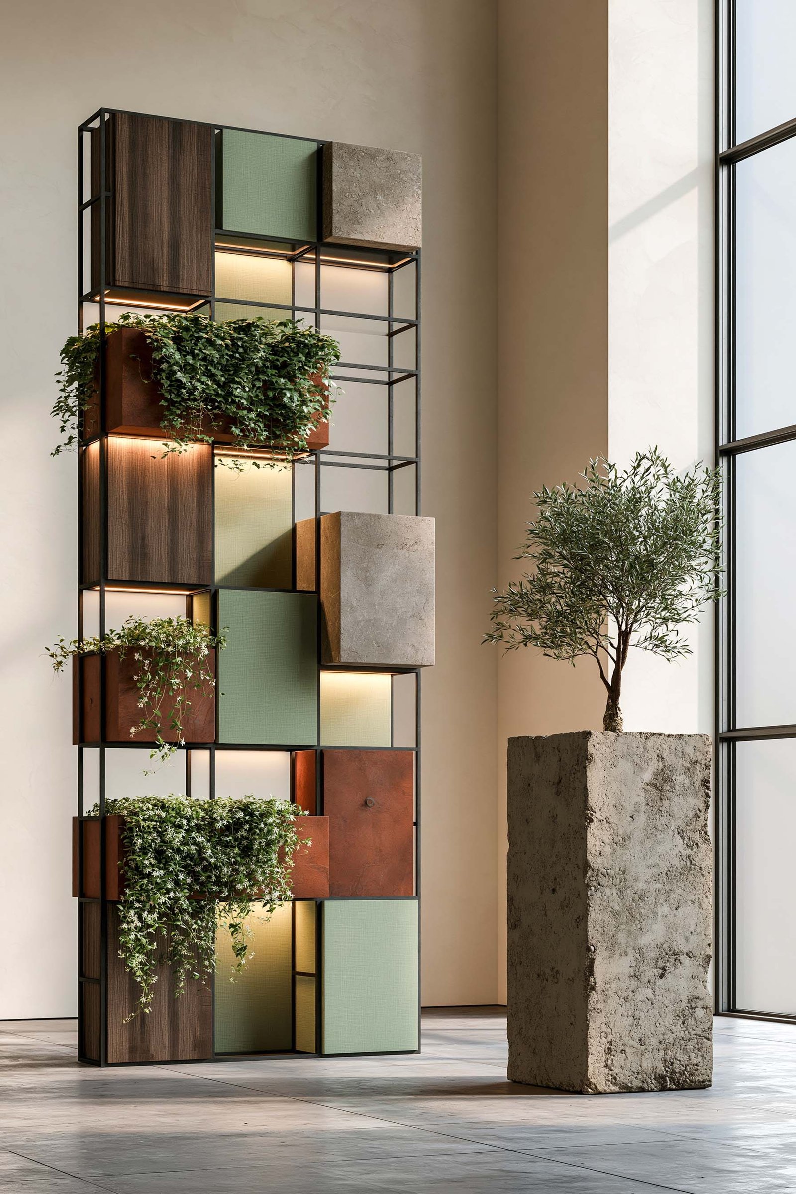 Wellbeing at Work — espace de travail à Monaco, cloison Hortus Velum Strata et Olea europaea en jardinière micro-béton