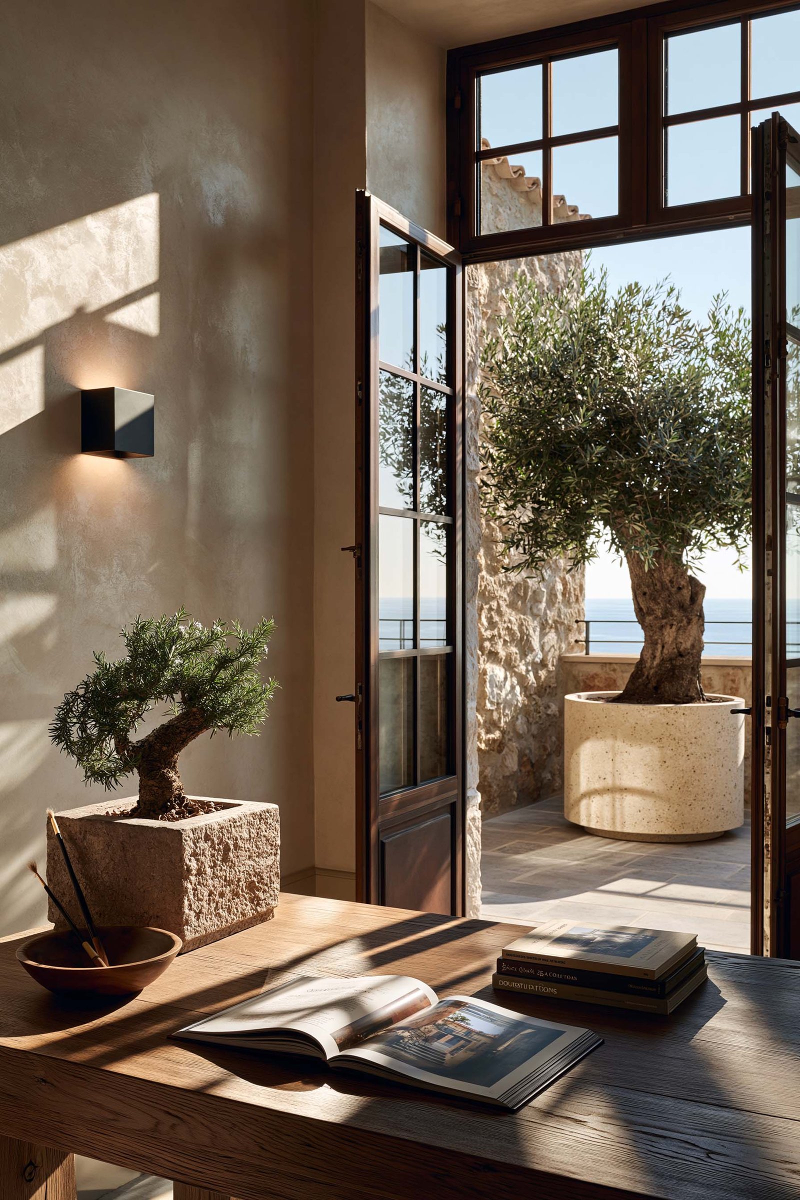 Une langue de travail, non une barrière — table de lecture face à la Méditerranée, jardinière Pietra Serena et Rosmarinus officinalis