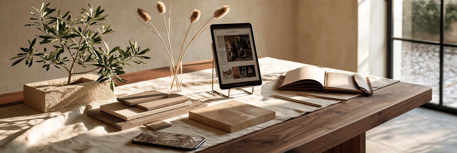 Table de travail du studio Paracelsus Gardens™ — échantillons matériaux, recherche et dialogue de projet entre Côte d’Azur et Monaco