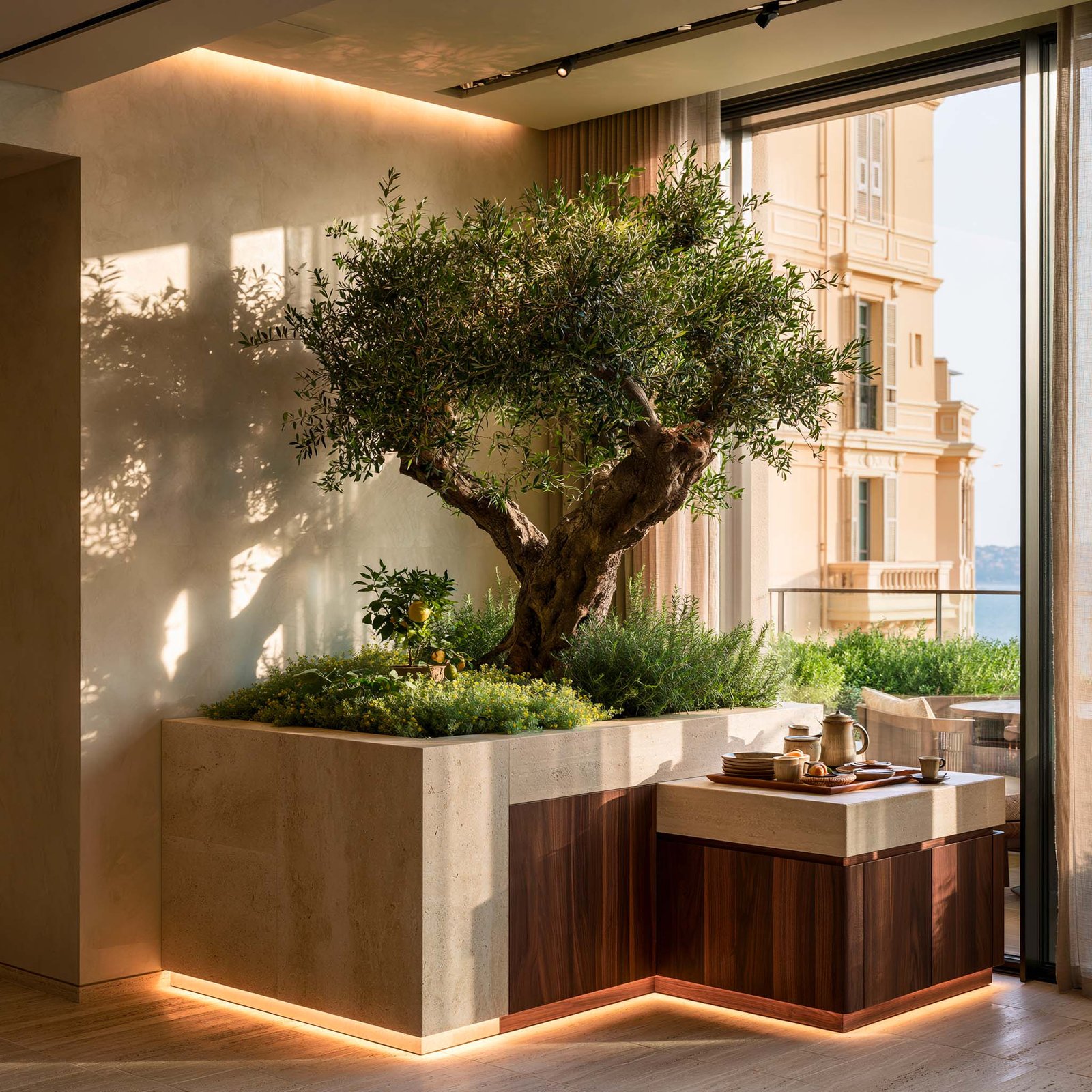 Rythme quotidien — coin petit-déjeuner monégasque, jardinière Lignum Petra et Citrus × aurantium — Paracelsus Gardens™