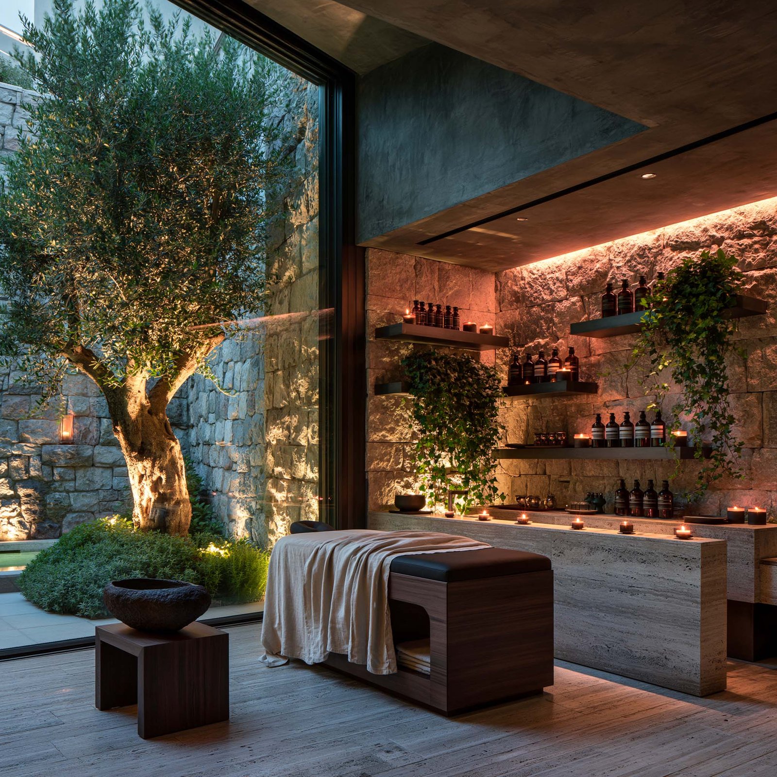 Cabine de soin Riviera : continuité avec le jardin intérieur en travertin