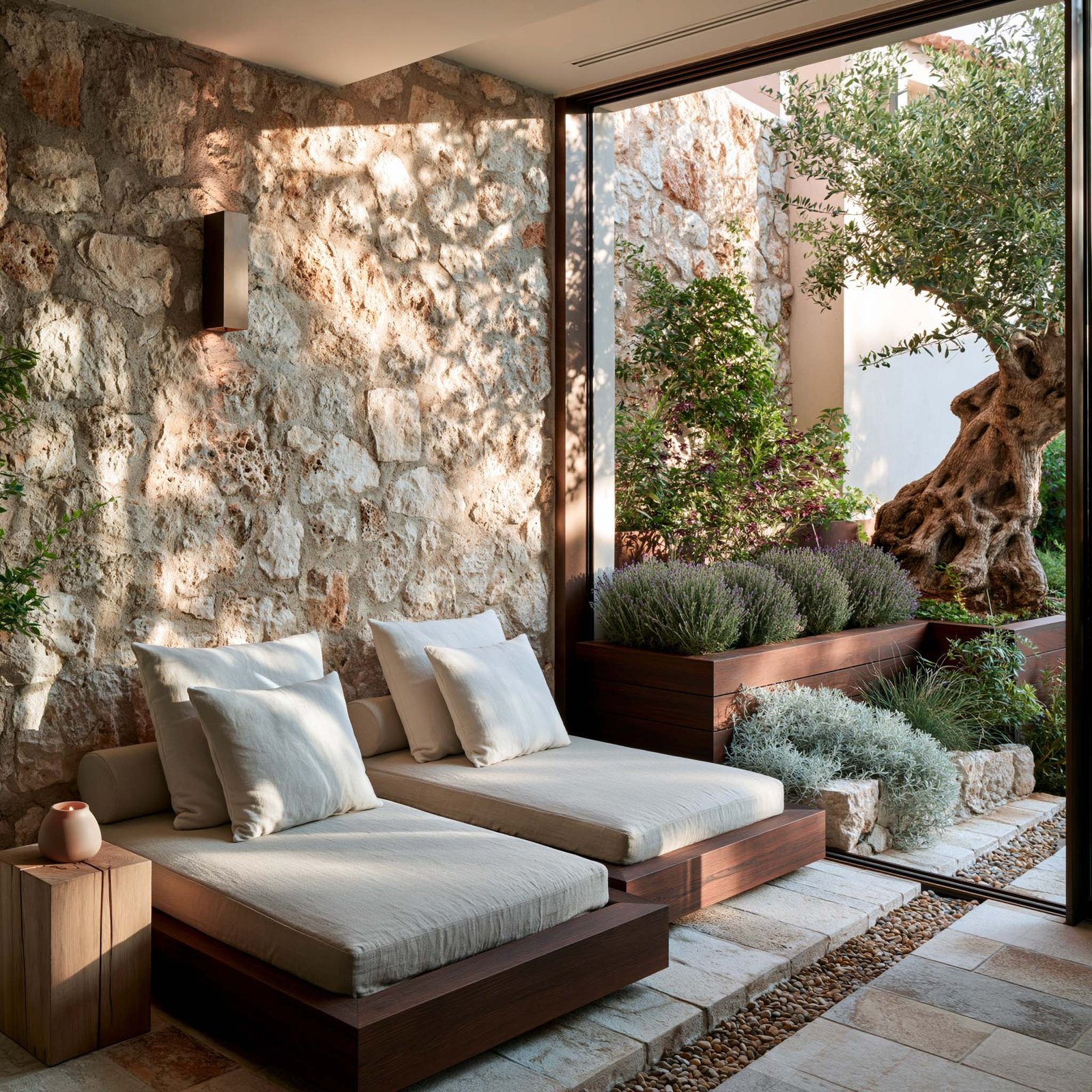 Alcôve de repos Monaco : banquette pierre noire, lavandes et olivier centenaire
