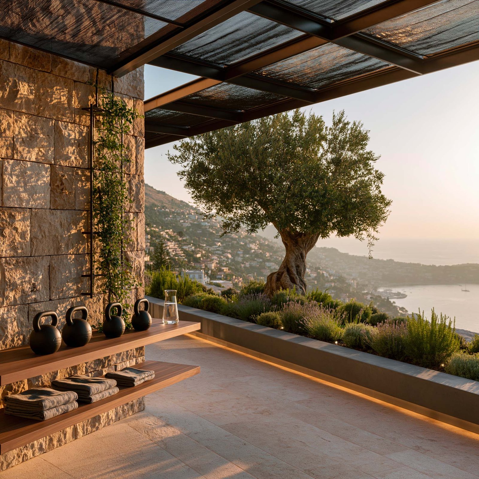 Terrasse fitness Côte d'Azur : énergie contenue dans un cadre minéral et végétal
