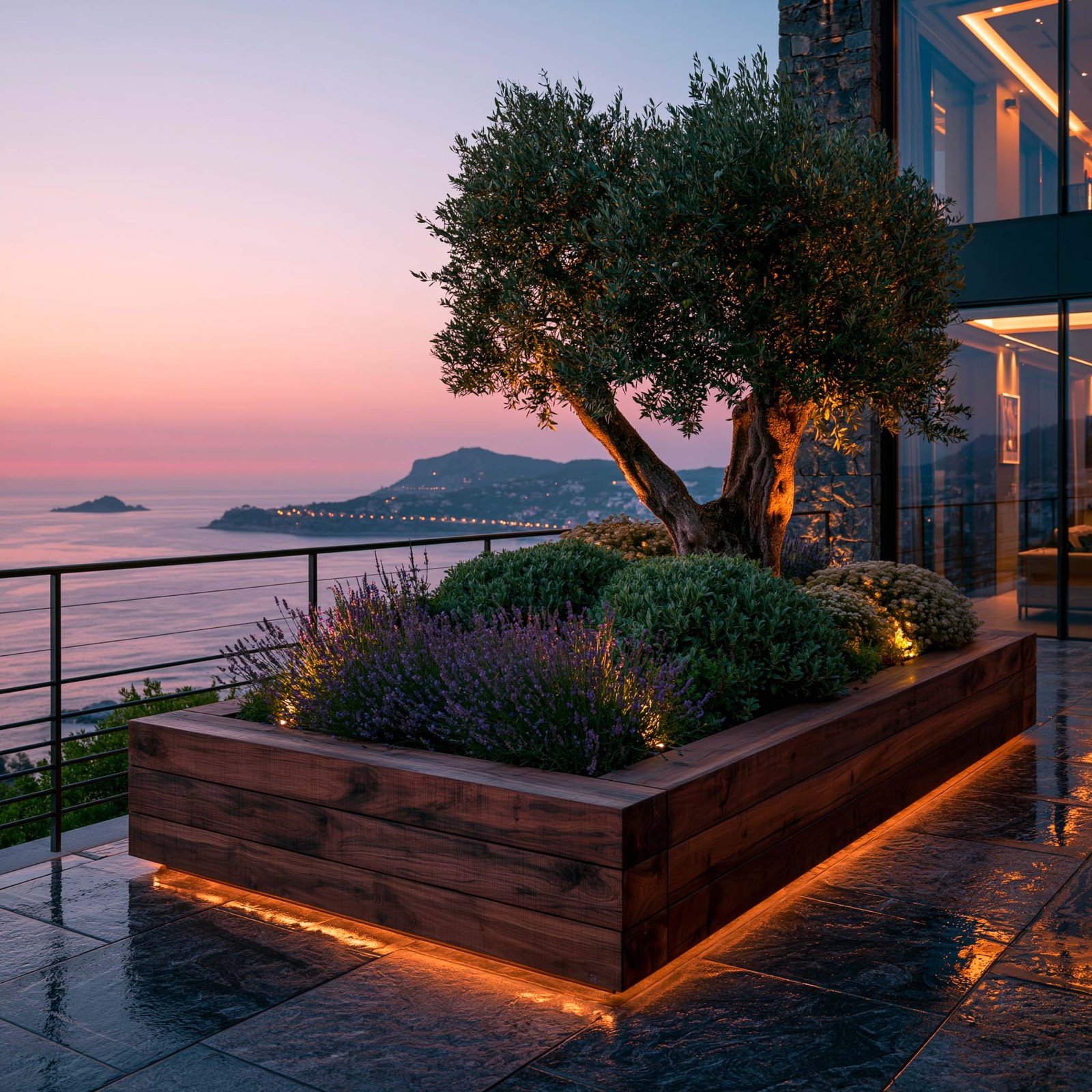 Accord — terrasse d’une villa à Beaulieu-sur-Mer au crépuscule, jardinière en noyer fumé rétro-éclairée portant un arbre mature et des masses aromatiques, vue sur la mer Méditerranée et les collines de l’arrière-pays au coucher du soleil.