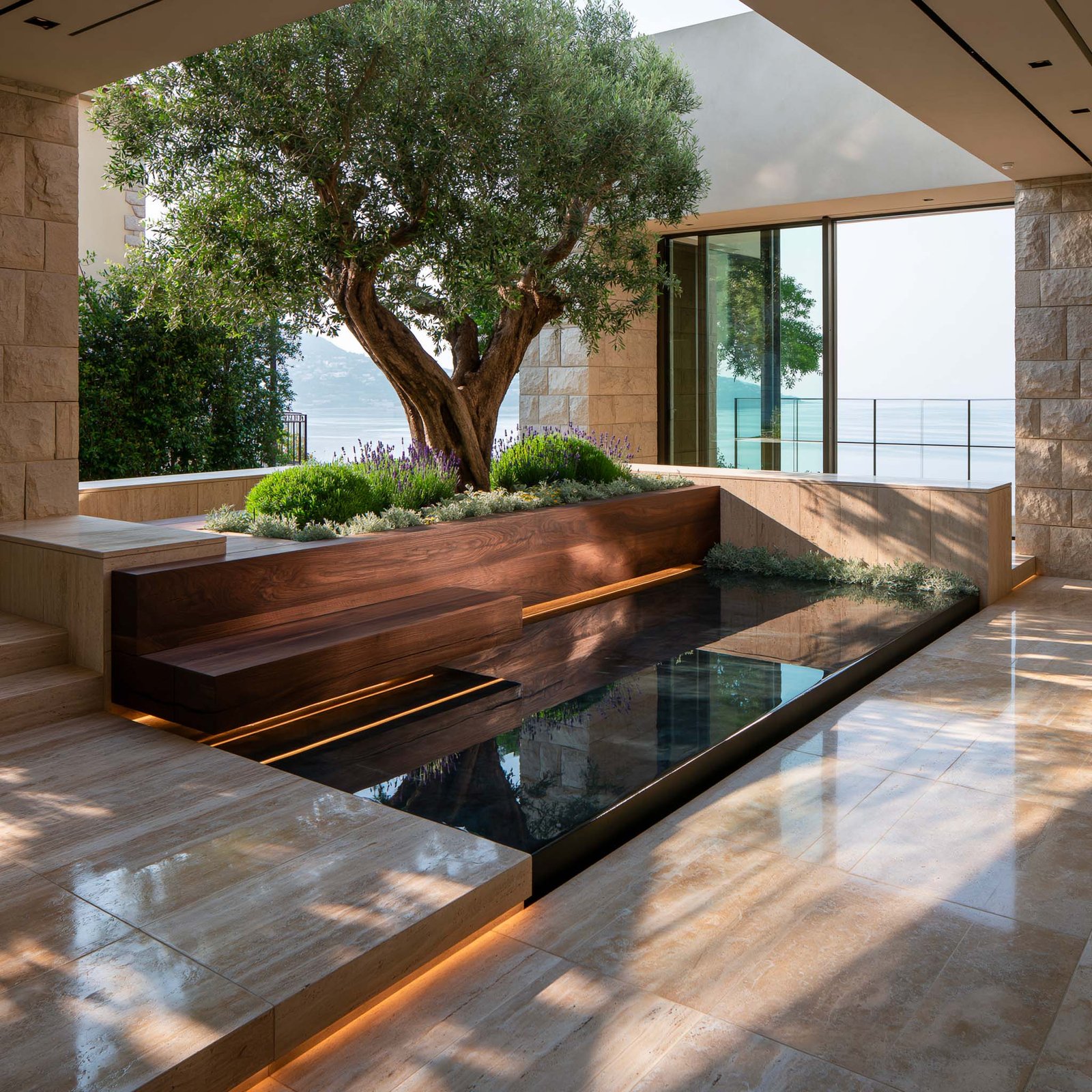 L’Eau — bassin réfléchissant en travertin clair longeant une jardinière Lignum™ Block et un Olea europaea dans un patio à Roquebrune-Cap-Martin, calme et rythme sonore Paracelsus Gardens™