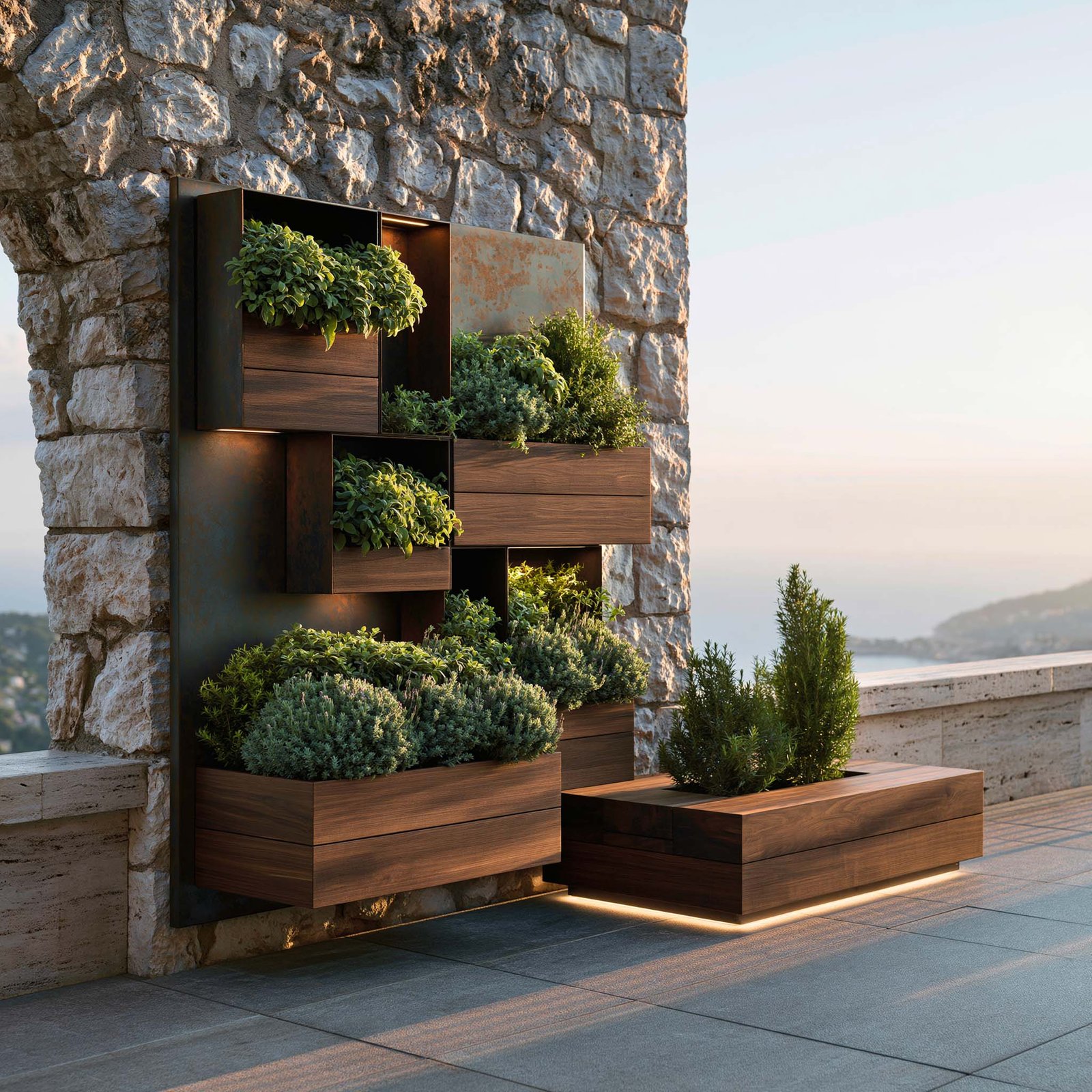 L’Air — composition d’aromatiques en bacs Acciaio Brunito et noyer fumé sur une terrasse à Èze, Salvia officinalis, Lavandula angustifolia et Rosmarinus officinalis, mouvement et diffusion Paracelsus Gardens™