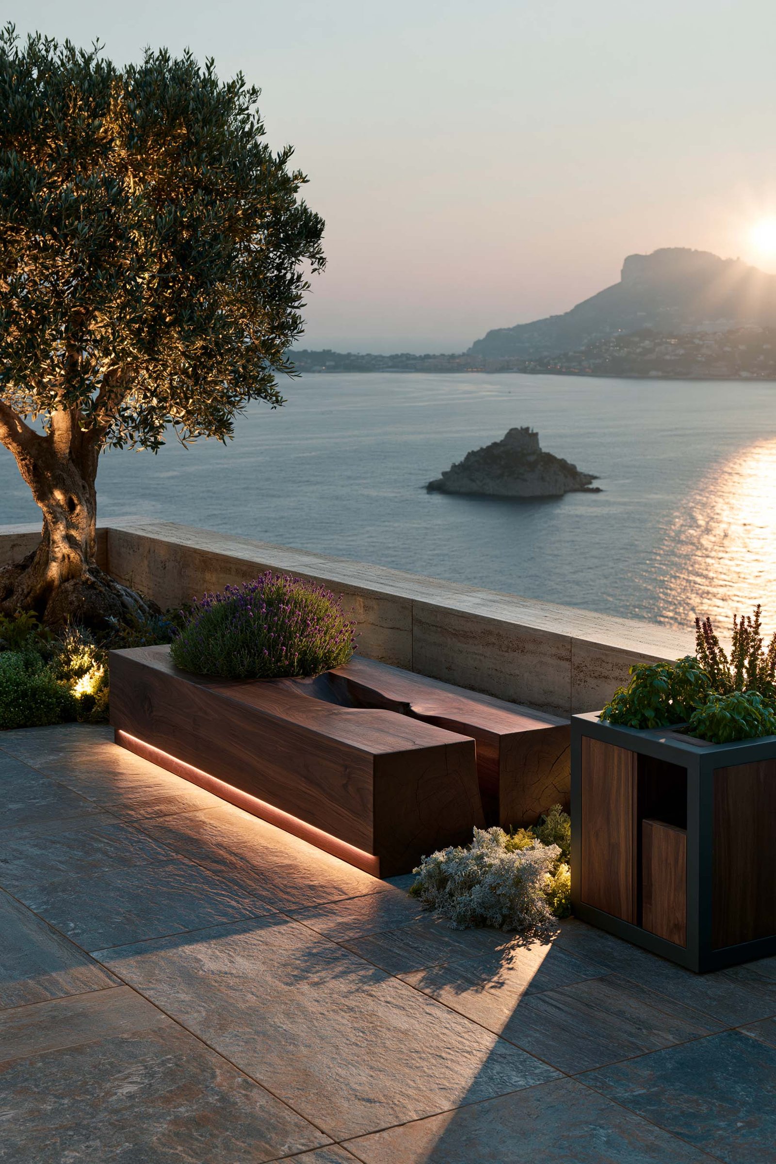 Chapitre 02 Grammaire botanique — terrasse à Cap-Ferrat face à la Méditerranée, banquette Lignum™ Block en noyer fumé avec Apotheca™ aromatique et Olea europaea, Paracelsus Gardens™