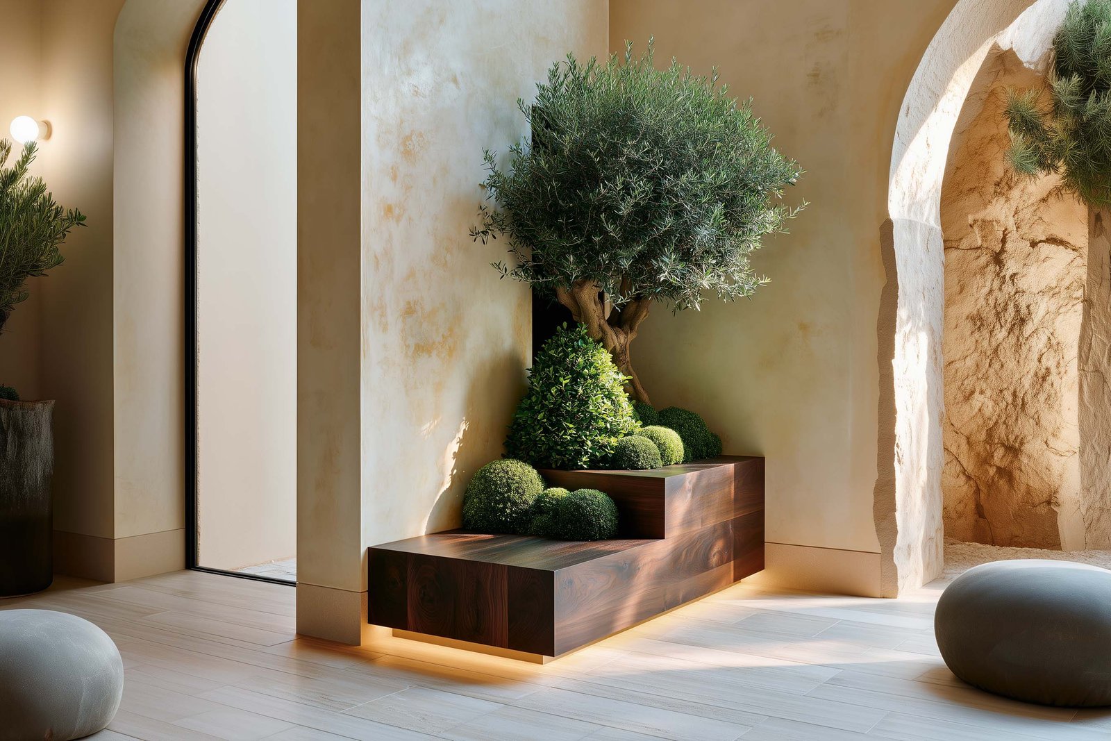 Masse et présence — banquette-jardinière Lignum™ Block en noyer fumé adossée à un mur en stucco lustro, Olea europaea et Hedera helix en topiaire contrôlée, intérieur contemporain à Beaulieu-sur-Mer, Paracelsus Gardens™