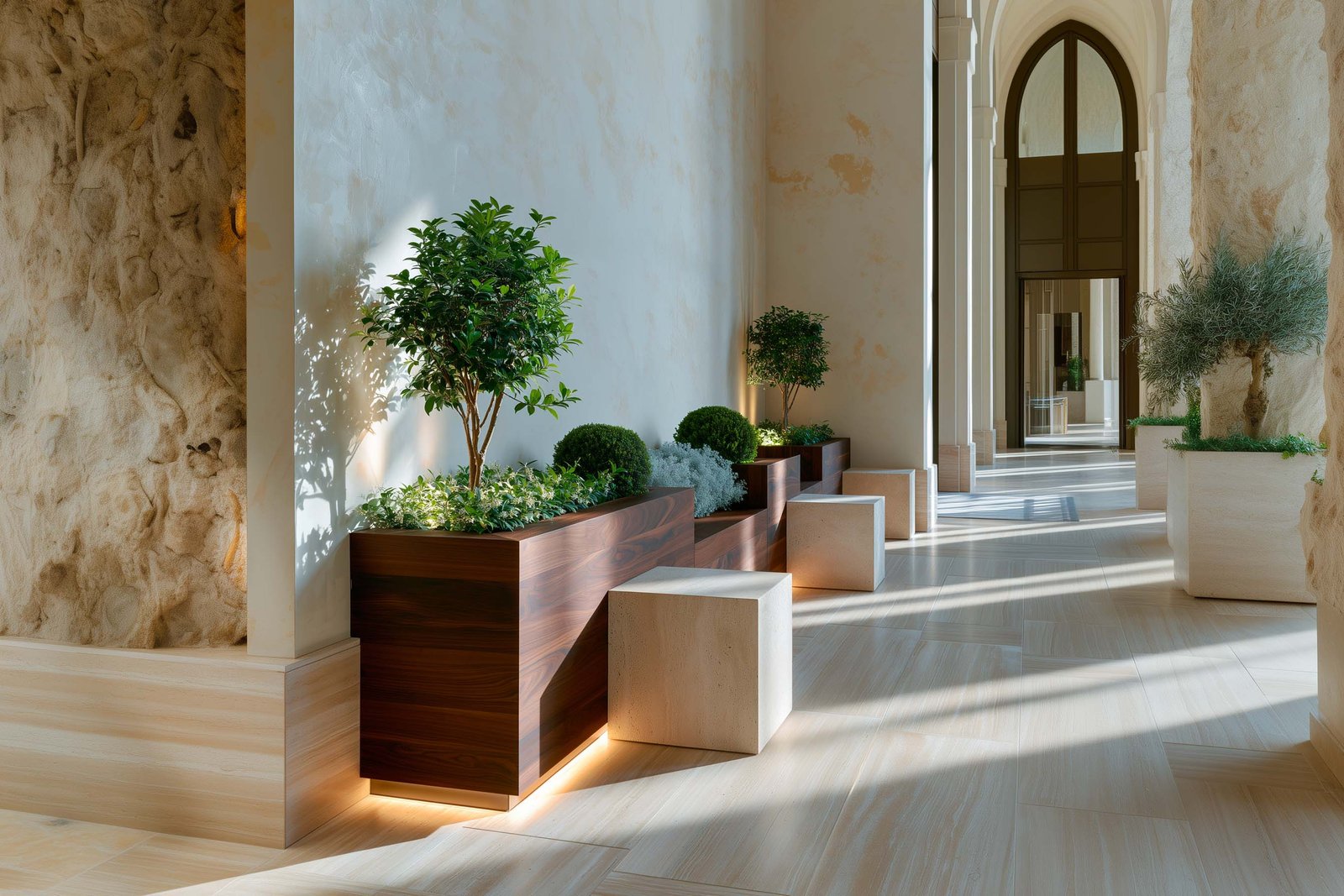 Intervalle et respiration — longue banquette-jardinière Lignum™ Block en noyer fumé avec masses végétales espacées de pleins et de vides, espace de réception à Monaco, Paracelsus Gardens™