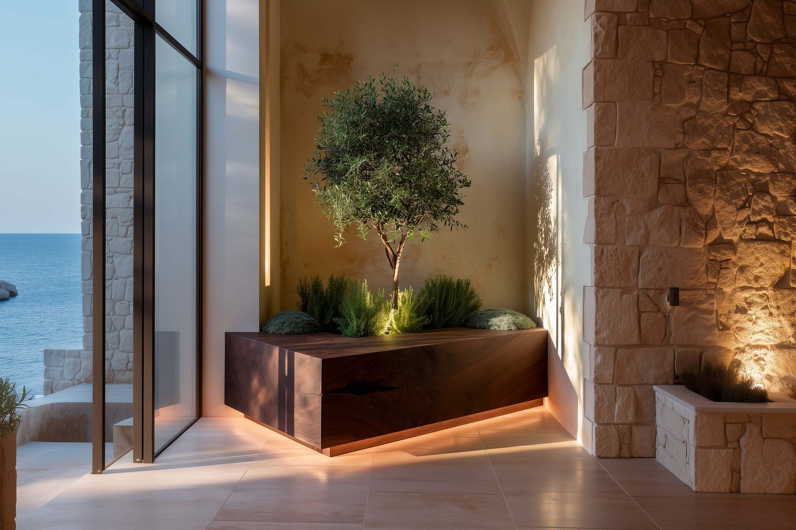Lisibilité à travers les échelles — alcôve-banquette Lignum™ Block avec Rosmarinus officinalis en touffes, Olea europaea en port libre et stucco lustro patiné, séjour contemporain à Èze, Paracelsus Gardens™