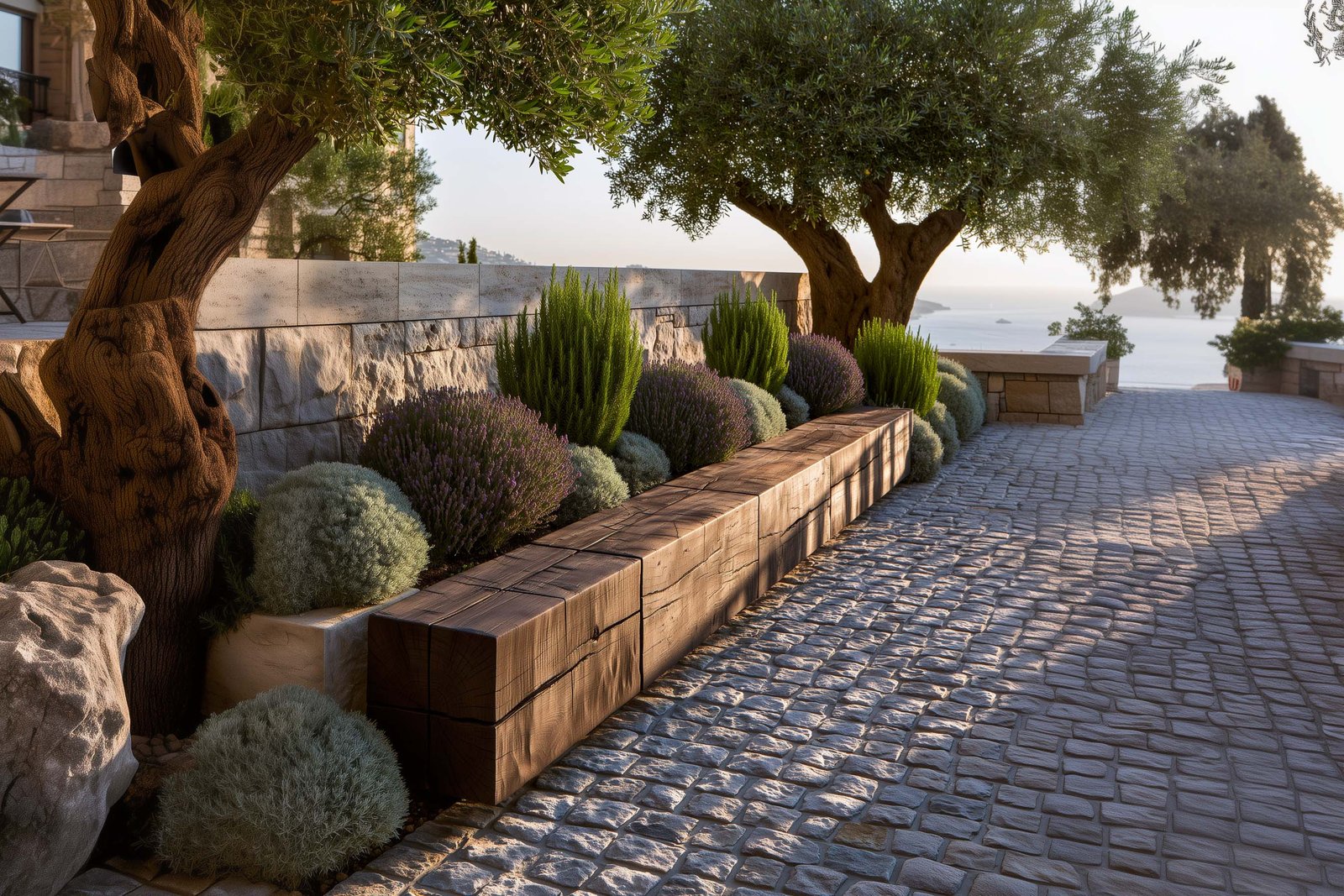 Répétition avec intention — bac Lignum™ Block en noyer fumé prolongé sur une terrasse pavée en Pietra Serena, Rosmarinus officinalis sculptural et Lavandula angustifolia, villa privée au Cap-Ferrat avec horizon Méditerranée, Paracelsus Gardens™