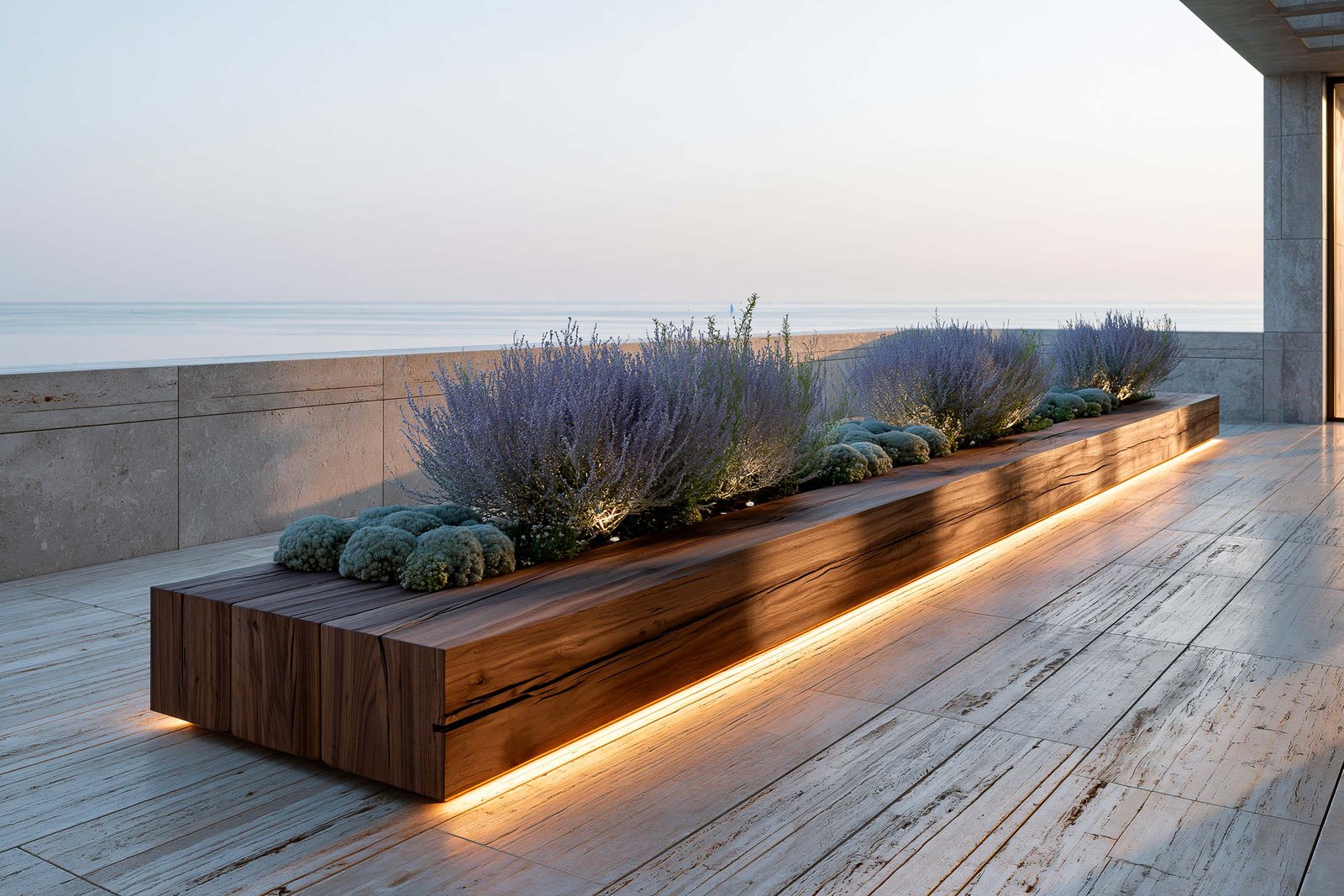 Axe et perspective — terrasse face à la mer au Cap-Ferrat à l’aube, jardinière Lignum™ Block monolithique en noyer fumé étendue le long du parapet en travertin, Perovskia atriplicifolia en plumes violettes et Helichrysum italicum en touffes argentées rythmant l’axe, horizon Méditerranée nu, LED 2700K cachée, Paracelsus Gardens™