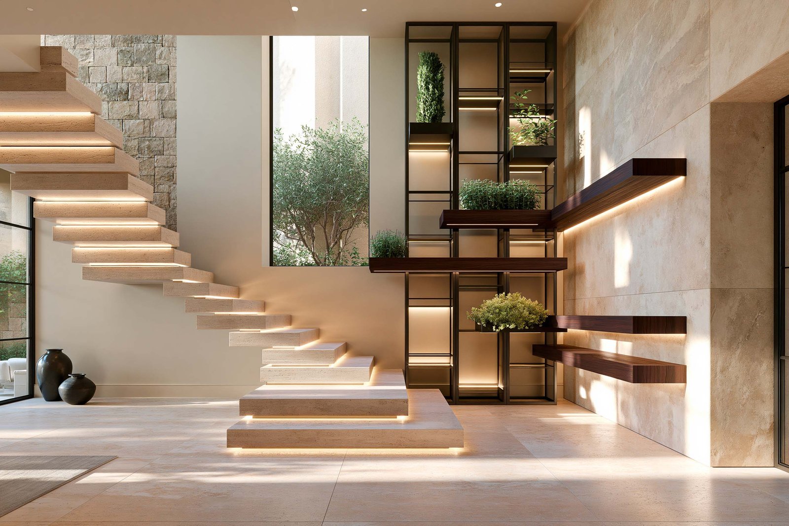 Points d’ancrage botaniques — hall d’entrée à Saint-Paul-de-Vence, escalier travertin cantilever sous LED 2700K et étagère Hortus Velum™ Strata en Acciaio Brunito portant Buxus sempervirens en topiaire colonne, Myrtus communis tarentina et Buxus topiaire boules en cascade, mur travertin patiné chaud, Paracelsus Gardens™