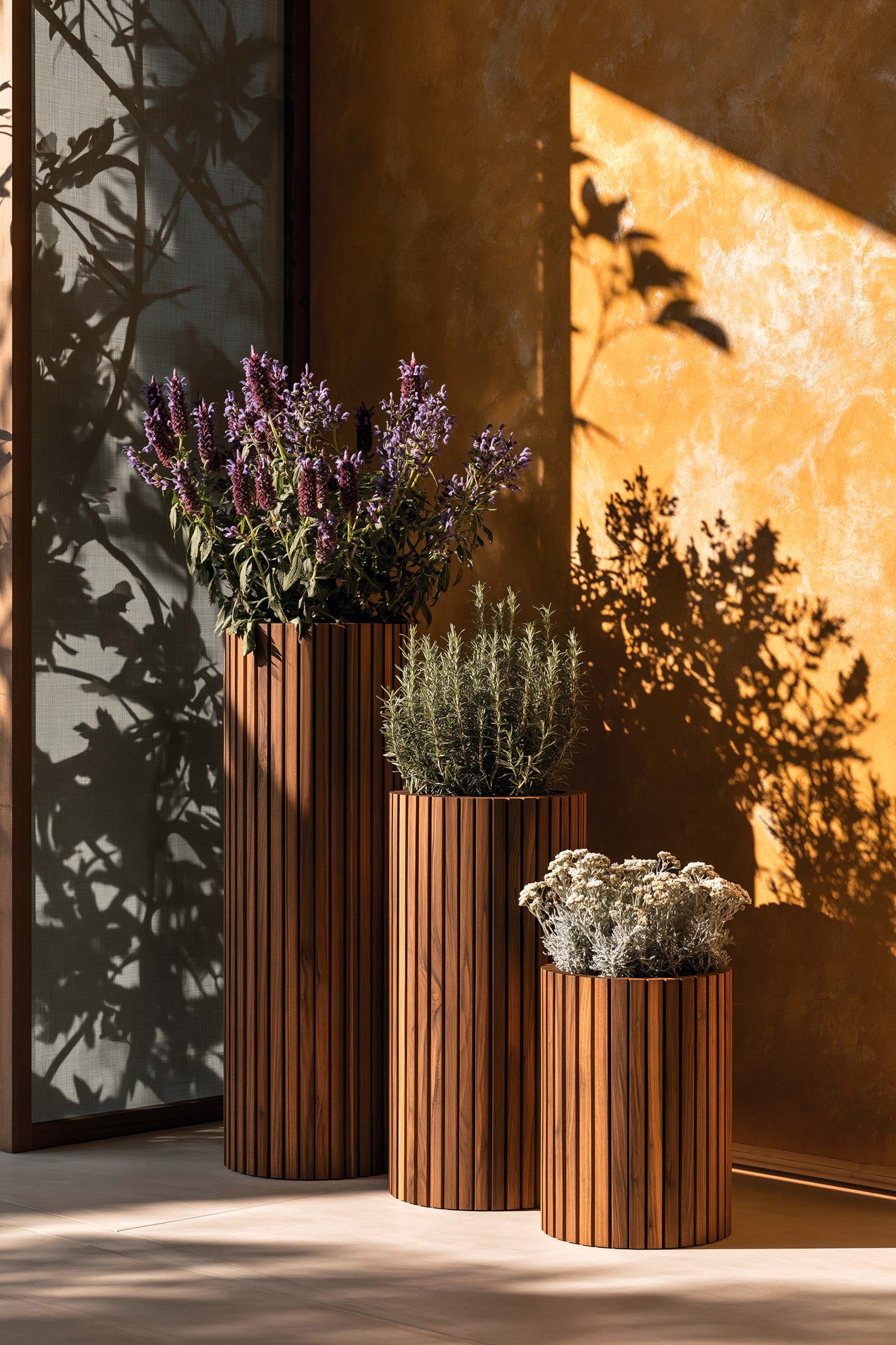 Composition tectonique dans une villa contemporaine à Antibes, trois planters Lignum™ cannelés en noyer fumé de hauteurs étagées portant Salvia leucantha, Rosmarinus officinalis sculptural et Helichrysum italicum, ombres portées d’une partition Hortus Velum™ Arcana sur stucco lustro ocre patiné, LED 2700K cachée au sol, Paracelsus Gardens™