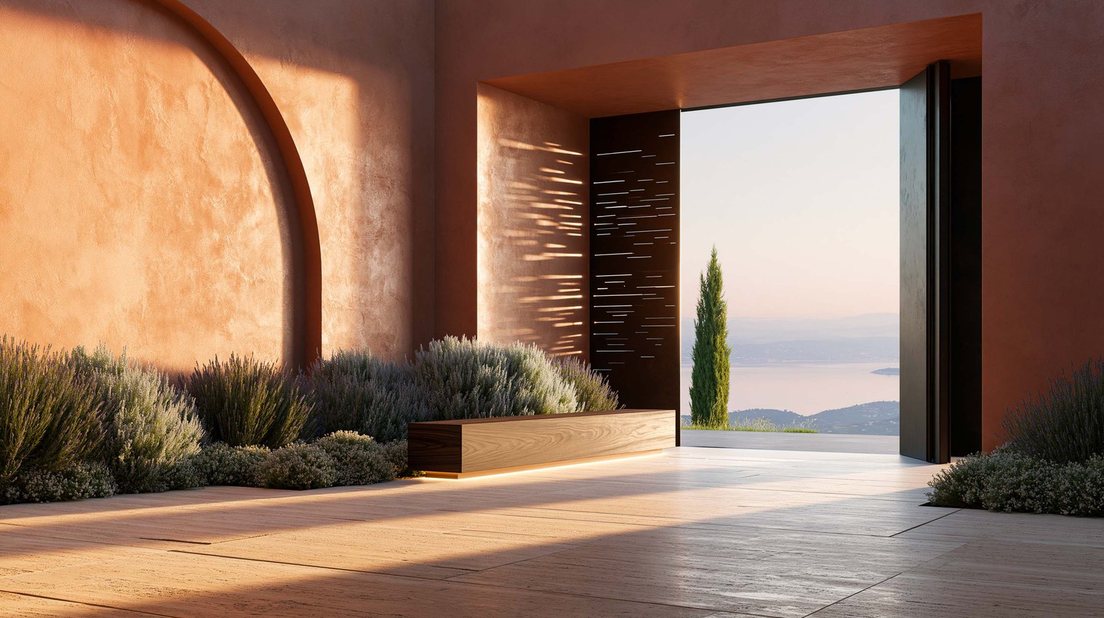 Villa contemporaine à Saint-Paul-de-Vence au matin golden hour, grande arche-seuil structurelle en stucco lustro ocre patiné cadrant une perspective vers l’horizon Méditerranée, partition Hortus Velum™ Strata en Acciaio Brunito en filtre intermédiaire, planter Lignum™ Block en noyer fumé portant Lavandula angustifolia et Helichrysum italicum, Cupressus sempervirens stricta visible en arrière-plan extérieur, sol travertin clair warm honey, Paracelsus Gardens™