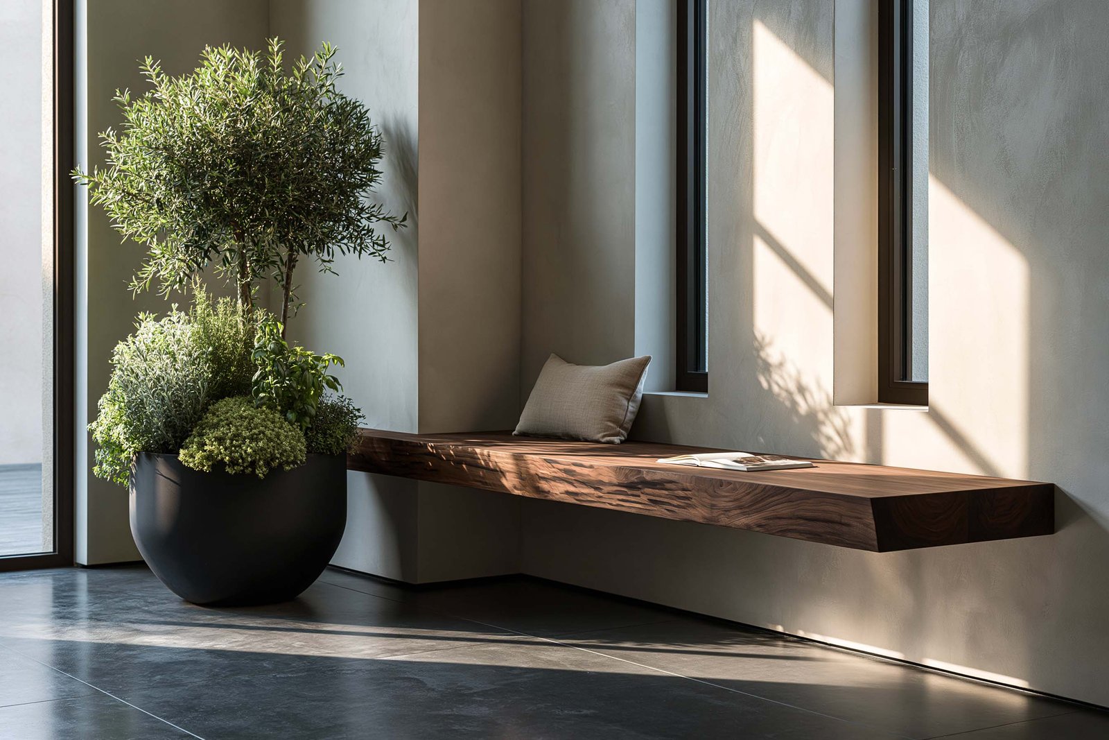 Vence — cabinet de travail d’une villa de l’arrière-pays niçois, plan de travail-banc flottant Lignum™ Bench+Planter en noyer fumé taillé dans la masse, coussin en lin clair, pot céramique noir mat accueillant un Laurus nobilis en topiaire compacte encadrée et une masse aromatique Apotheca™ de Helichrysum italicum, Origanum vulgare aurum et Petroselinum crispum, sol en dalle pierre anthracite, mur stucco lustro beige chaud, lumière directionnelle du matin depuis une fenêtre verticale — Paracelsus Gardens™