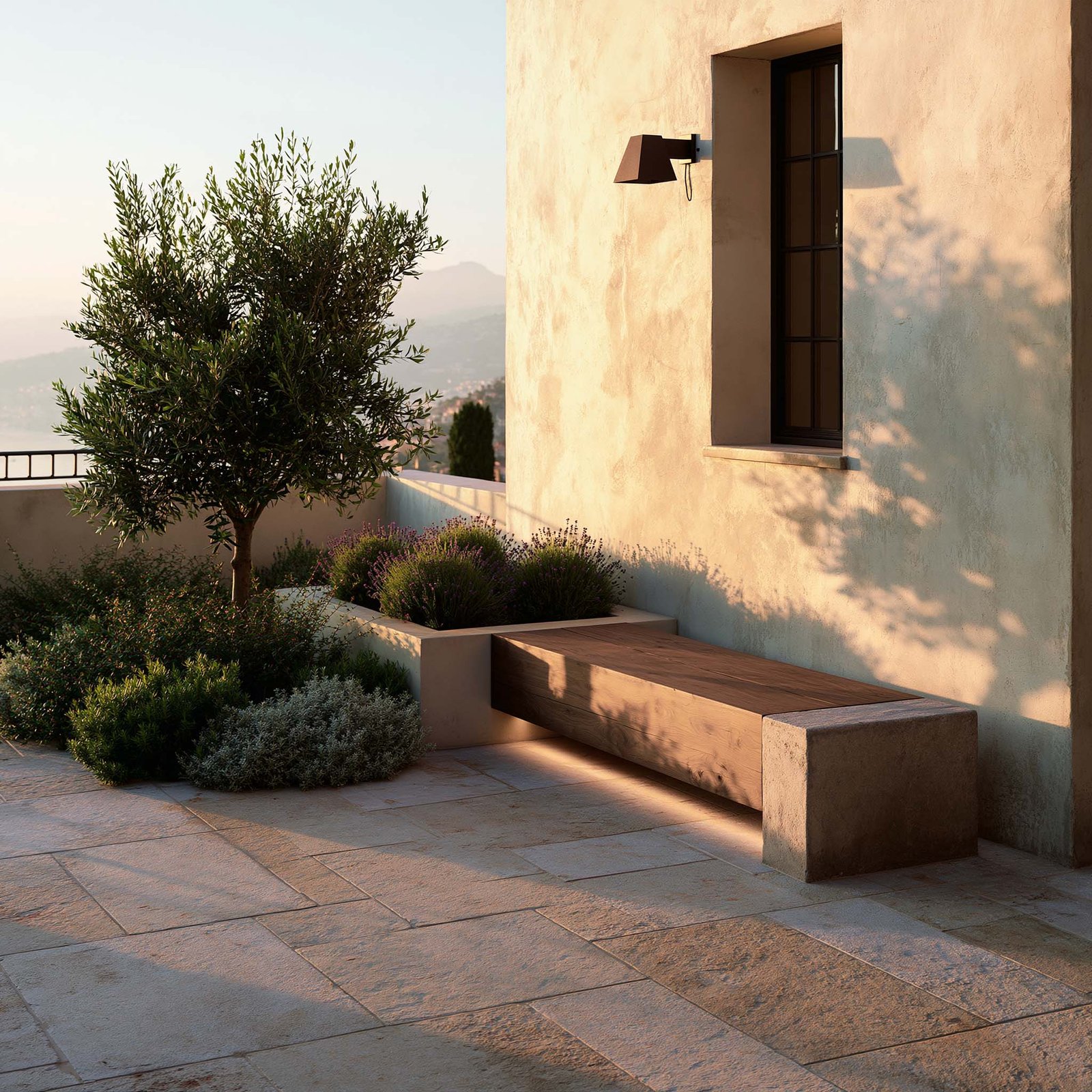 L’Art de la continuité — seuil intérieur/extérieur d’une villa de la Côte d’Azur, Hortus Velum™ Porta en ossature Acciaio Brunito à composition de quinconce non uniforme aérée et panneaux nobles variés, banquette-jardinière Lignum™ Wave en noyer fumé portant aromatiques différenciées, dialogue continu entre architecture et vivant — Paracelsus Gardens™