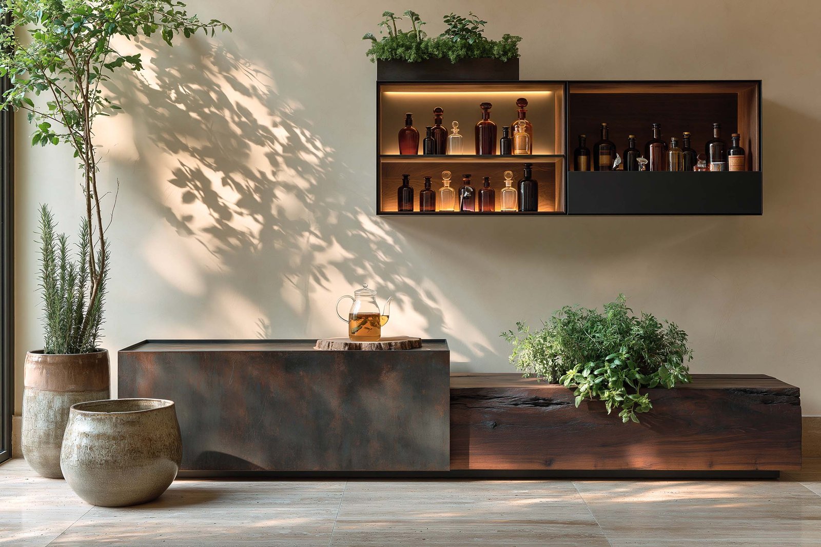 Console Apotheca d’un spa à Monaco, plan bas en noyer fumé et acier noirci, jardinière intégrée d’herbes aromatiques et flacons d’huiles essentielles, étagère murale rétro-éclairée LED 2700K.