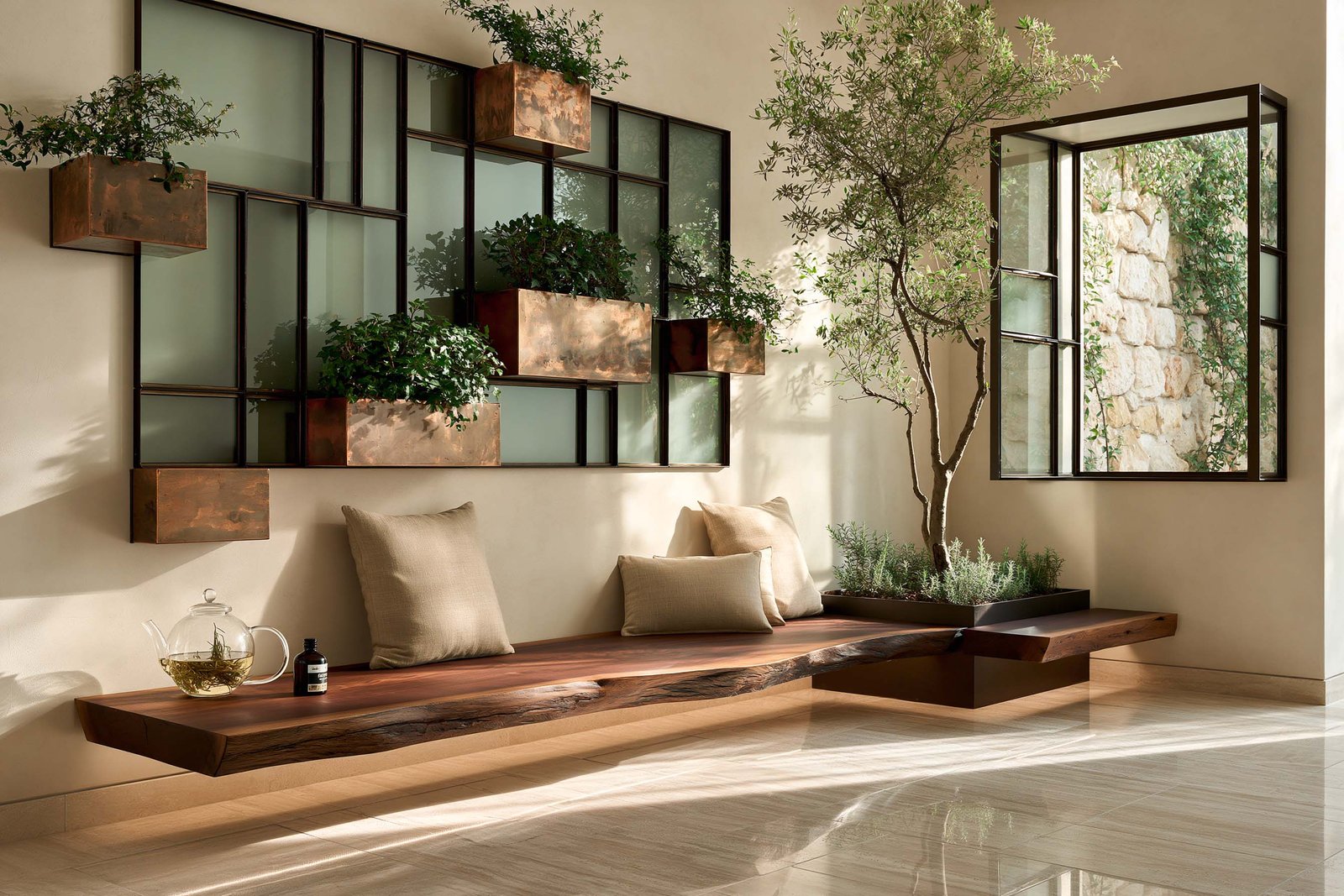 Lounge d’accueil d’un spa à Cap-Ferrat, banquette flottante en noyer fumé, mur Hortus Velum Arcana en composition non uniforme avec caissons végétalisés intégrés, baie vitrée rectangulaire ouvrant sur la pierre.