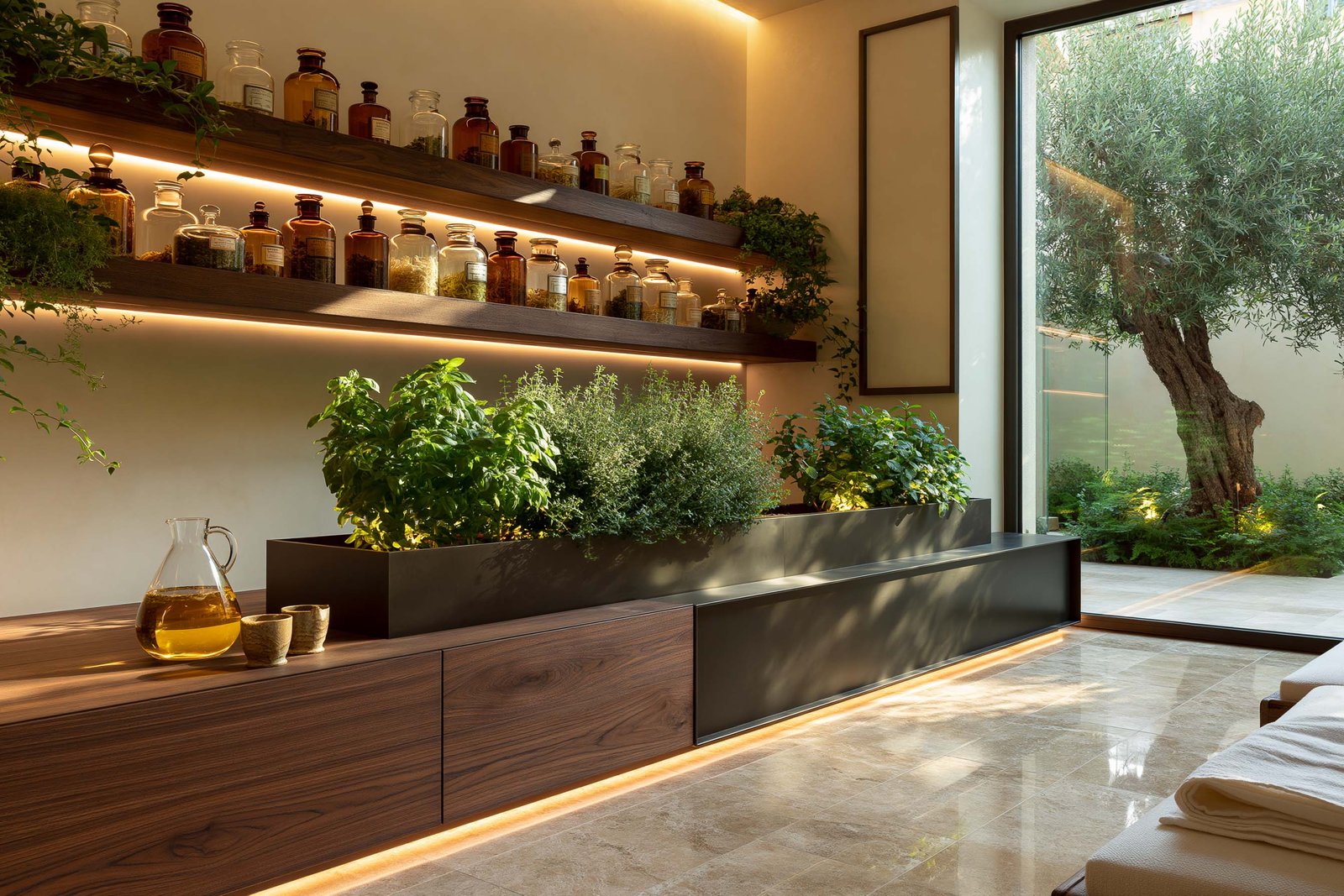 Bar à tisane Apotheca d’un spa à Beaulieu-sur-Mer, longue console basse en noyer fumé rétro-éclairée LED 2700K, jardinières acier noirci avec herbes aromatiques harvestables, étagères Apotheca bocaux d’herbes séchées rétro-éclairées, baie vitrée rectangulaire ouvrant sur cour à olivier.