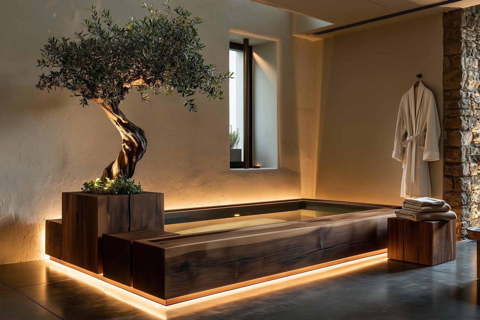 Parcours de retour d’un spa à Roquebrune-Cap-Martin, portique contemporain à linteau droit, banquettes basses en noyer fumé rétro-éclairées LED 2700K, jardinières acier noirci avec lavandes en hauteur, dallage en travertin clair.